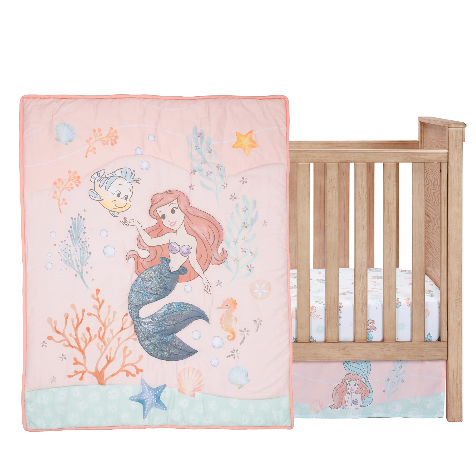 Disney Baby The Little Mermaid 3-Piece Crib Bedding Set - Soft Baby Blanket, Fitted Sheet & Crib Skirt - Perfect for Nursery, Baby Shower Gift & Newborn Sleep Comfort