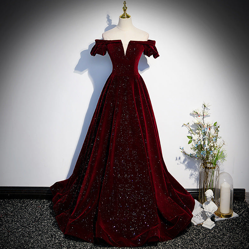 Elegant Off Shoulder Burgundy Long Prom Dress - A-Line Velvet Shiny Evening Gown for Women | Perfect for Homecoming, Formal Dances & Special Occasions