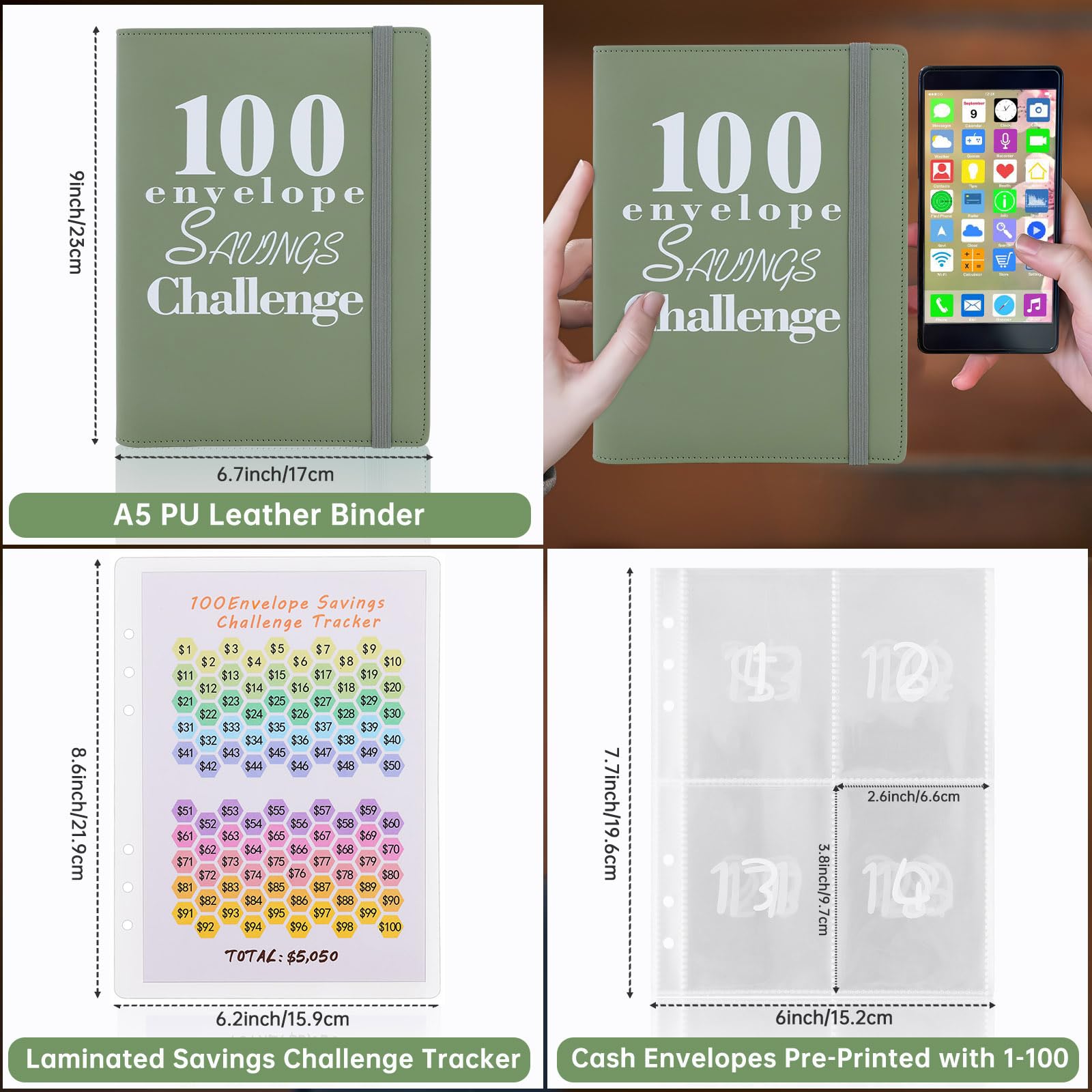 Reusable A5 Money Saving Challenge Binder - 100 Cash Envelopes Budget Organizer for $5,050 Savings Challenge | Funny Finance Planner for Cash Budgeting & Expense Tracking | Perfect for Personal Finance Goals, Couples Saving, or Family Budget Management (Army Green)