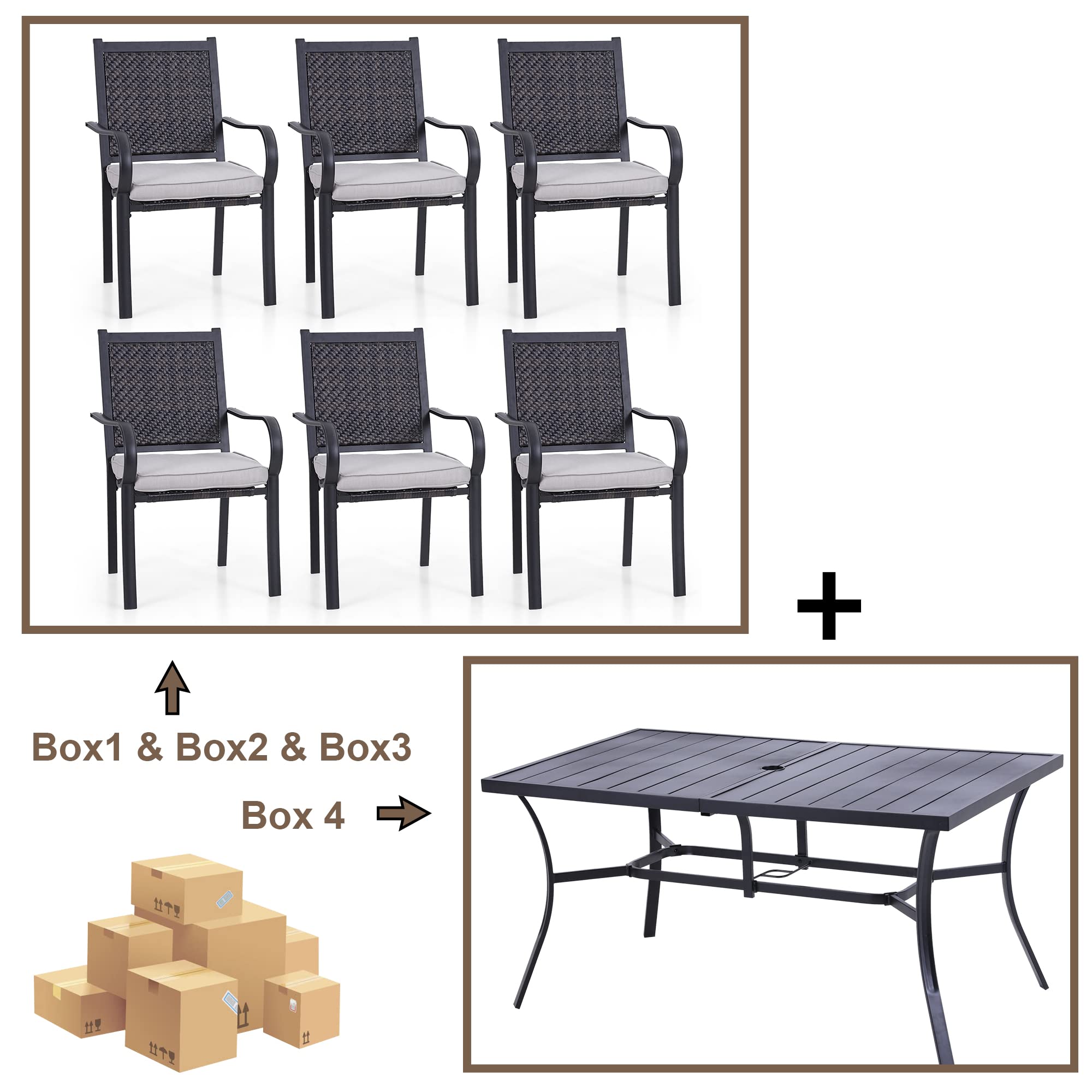 Sophia & William 7-Piece Outdoor Dining Set - Weather-Resistant Rattan Wicker Patio Furniture with Metal Umbrella Table & 6 Cushioned Chairs for Garden, Backyard, Poolside & Outdoor Entertaining