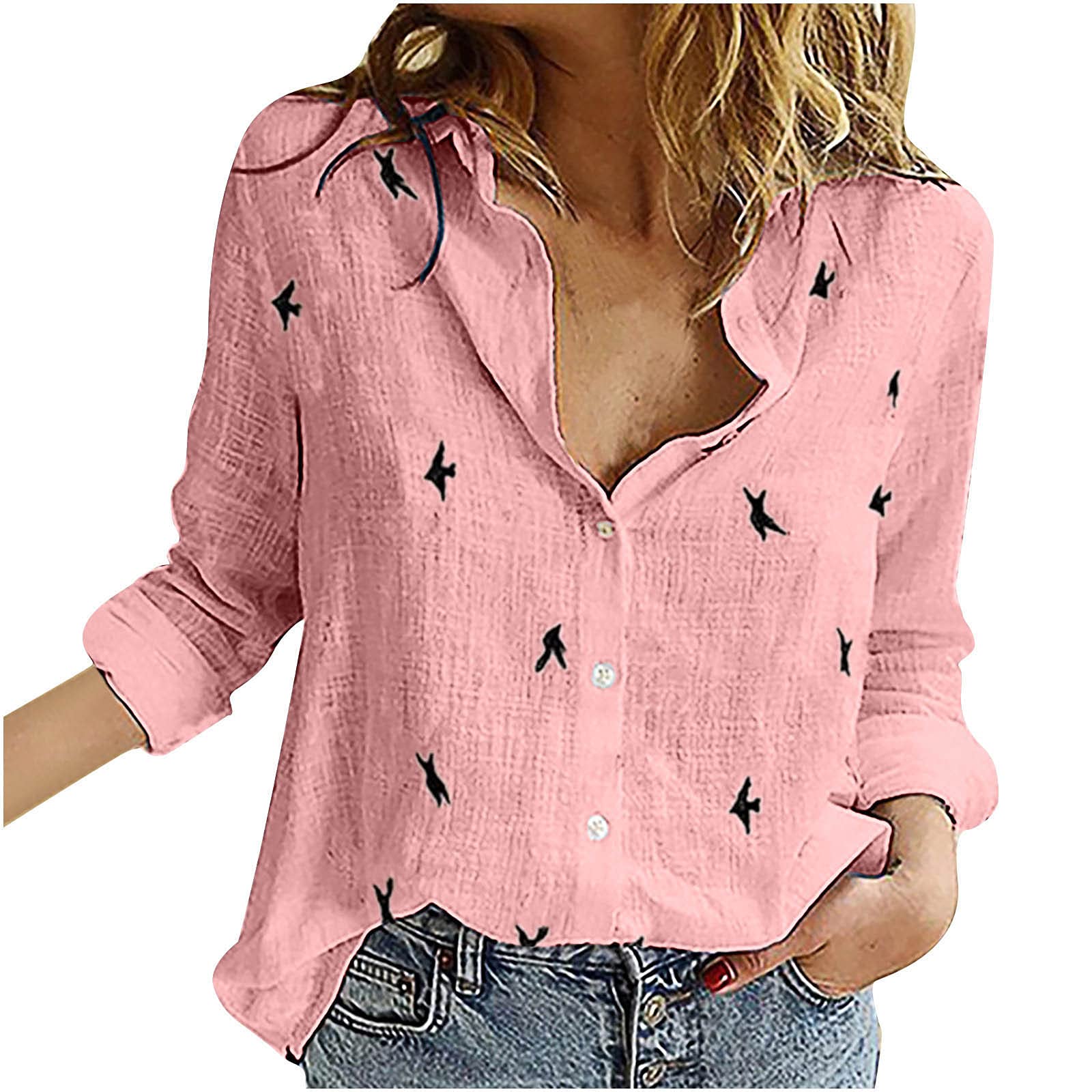 Women's Daisy Print Lapel V-Neck Long Sleeve Blouse - Summer Cotton Linen Button Down Shirt for Casual Wear, Office & Date Night Outfits