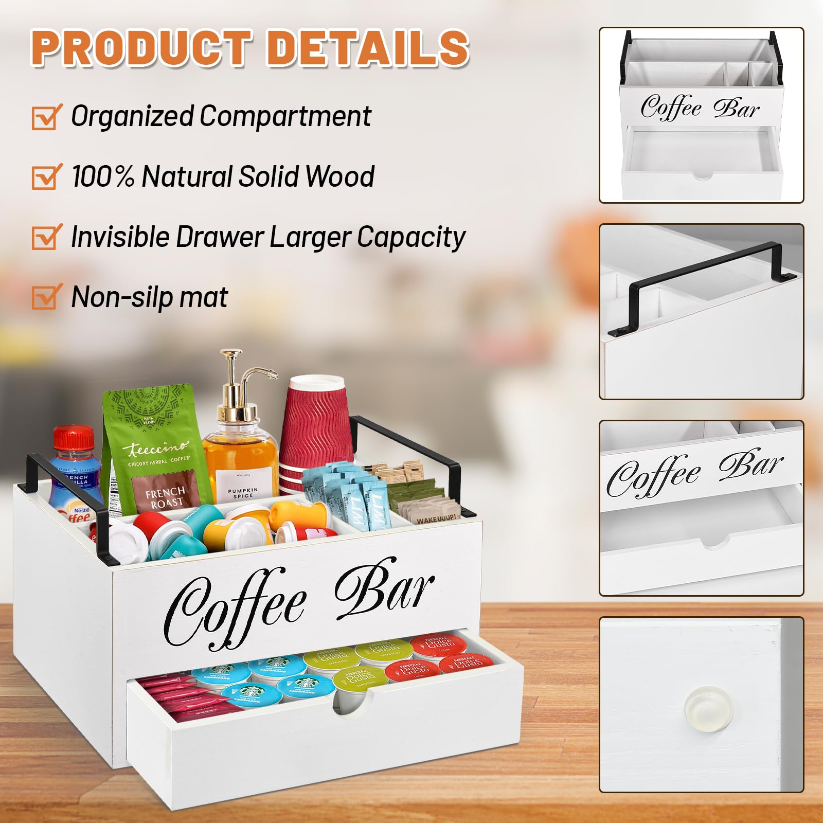 Wooden Coffee Bar Organizer with Handle & Drawer - K-Cup Storage Basket, Coffee Pod Holder & Condiment Organizer - Farmhouse-Style Countertop Coffee Station for Home, Office & Kitchen Decor
