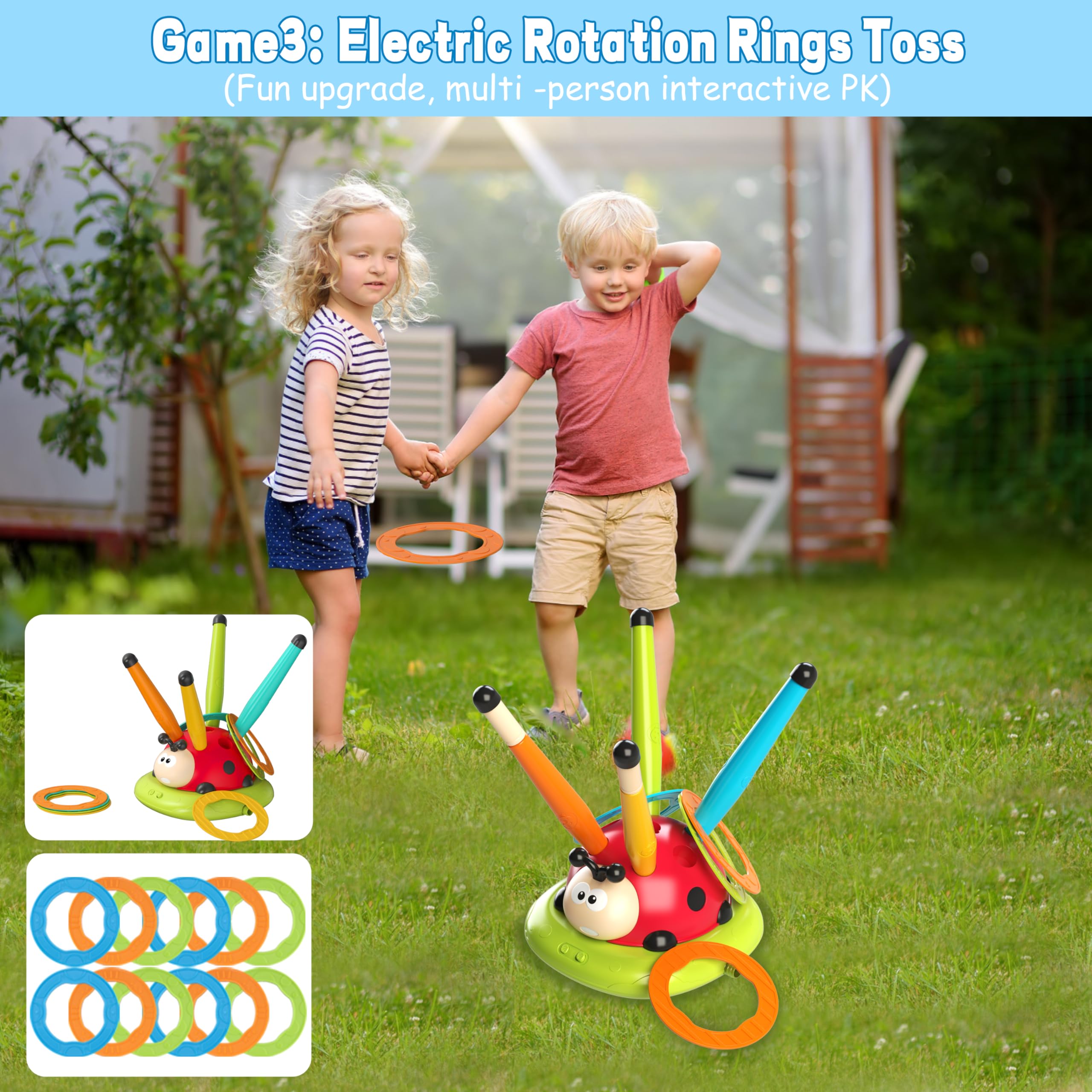 Engfa 3-in-1 Musical Jump & Toss Ring Game Set with Stomping Rocket Launcher - Outdoor Sports Toys for Kids Ages 3-8 - Perfect for Backyard Play, Birthday Gifts & Family Fun Activities