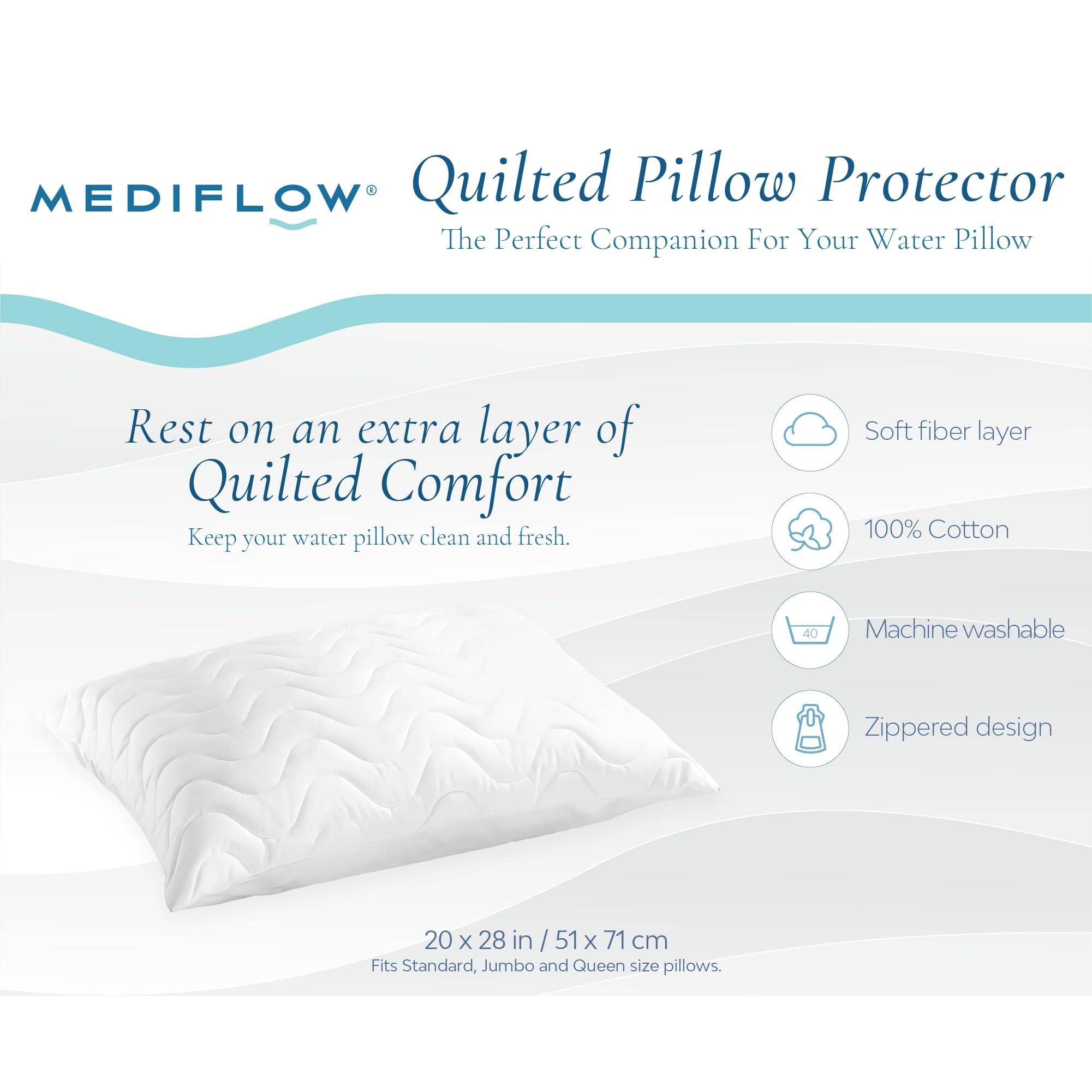 Original Fiber Water Pillow & Cotton Quilted Pillow Protector Set - Cooling Support for Neck Pain Relief, Hypoallergenic Bedding for Side Sleepers (Home, Travel, Office Use)