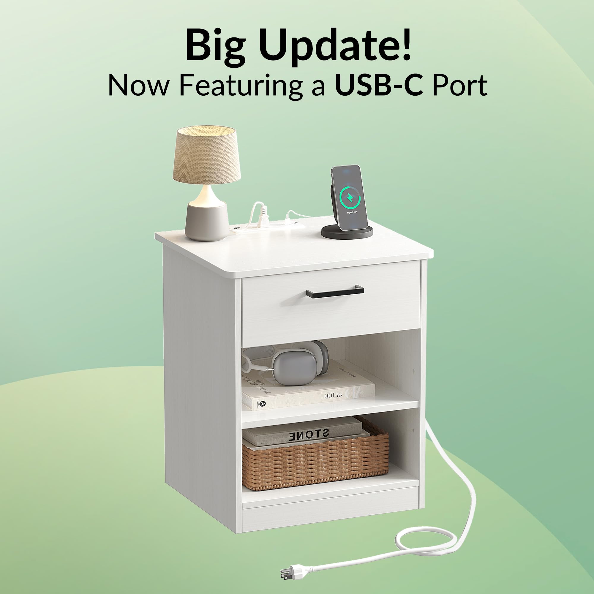 Fast Charging Wooden Side Table with USB C Port - White Nightstand with Drawer & Adjustable Shelf for Bedroom, Living Room, Office - Modern End Table for Phone Charging & Storage (Set of 1)