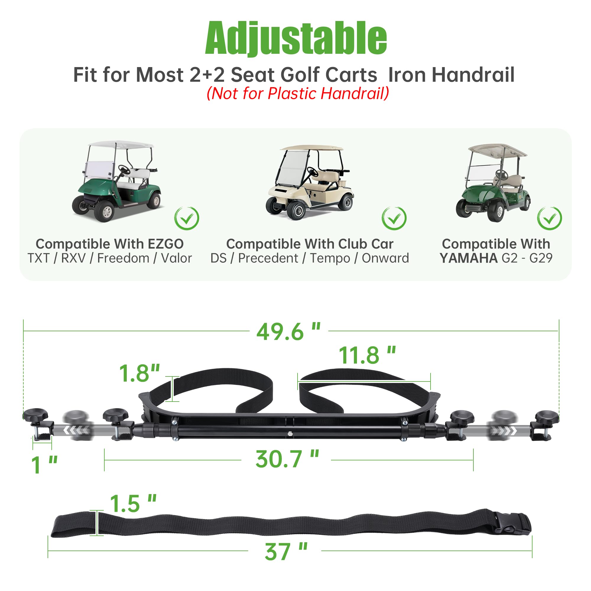 Universal Golf Bag Holder Attachment - No-Drilling Required for Yamaha, EZGO & Club Car Carts | Adjustable Rear Seat Golf Club Holder with Bonus Strap | Perfect for Golf Course, Driving Range & RV Travel