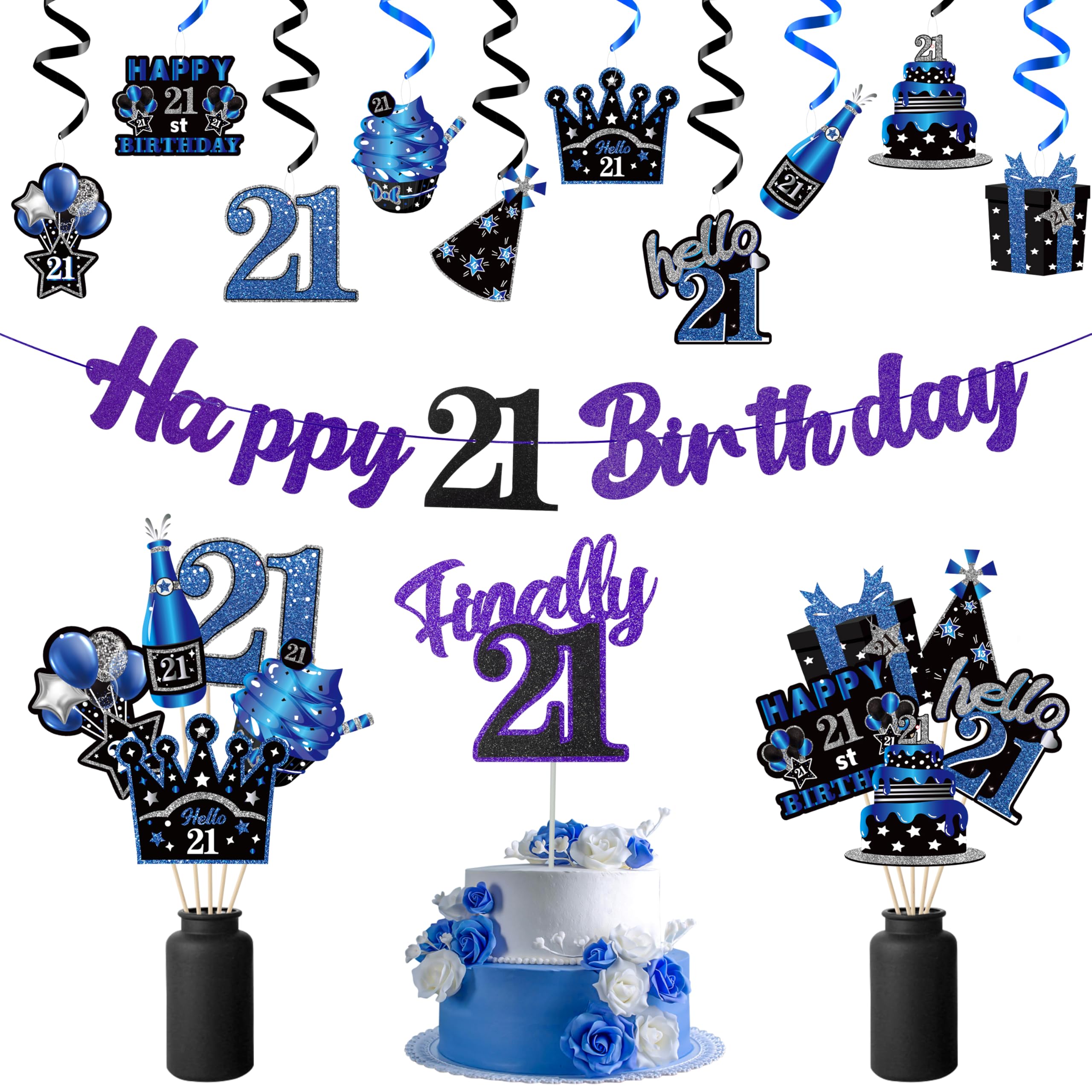 WATINC 42pcs Blue Purple Birthday Party Decorations Kit - Glitter Hanging Garland, Swirls Sign & Cake Topper for 21st Birthday Celebrations | Perfect for Home Decor, Table Centerpieces & Milestone Parties