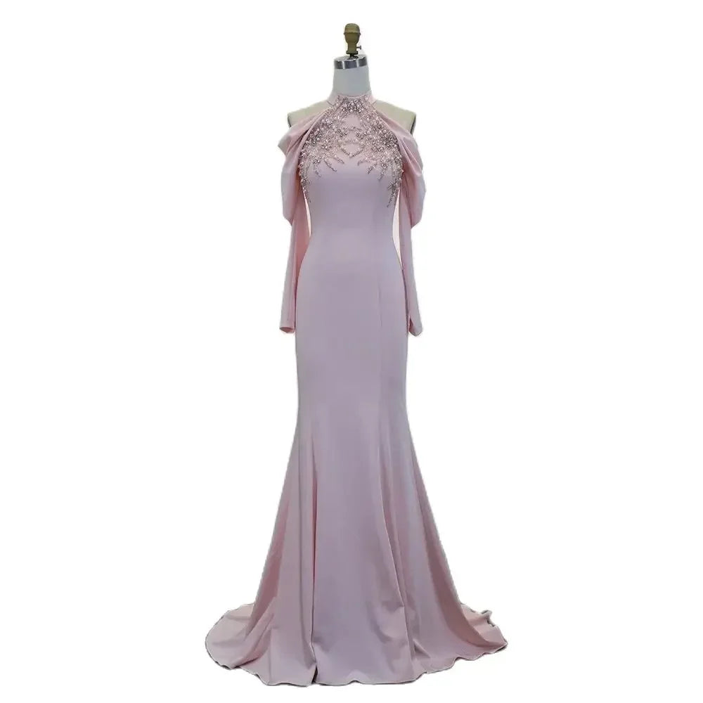 Elegant Mermaid Satin Beaded Luxury Evening Dress for Women - Dubai Arabia Pink Formal Gown for Wedding, Party & Special Occasions | Serene Hill LA72275 | Perfect for Prom, Red Carpet & Black Tie Events