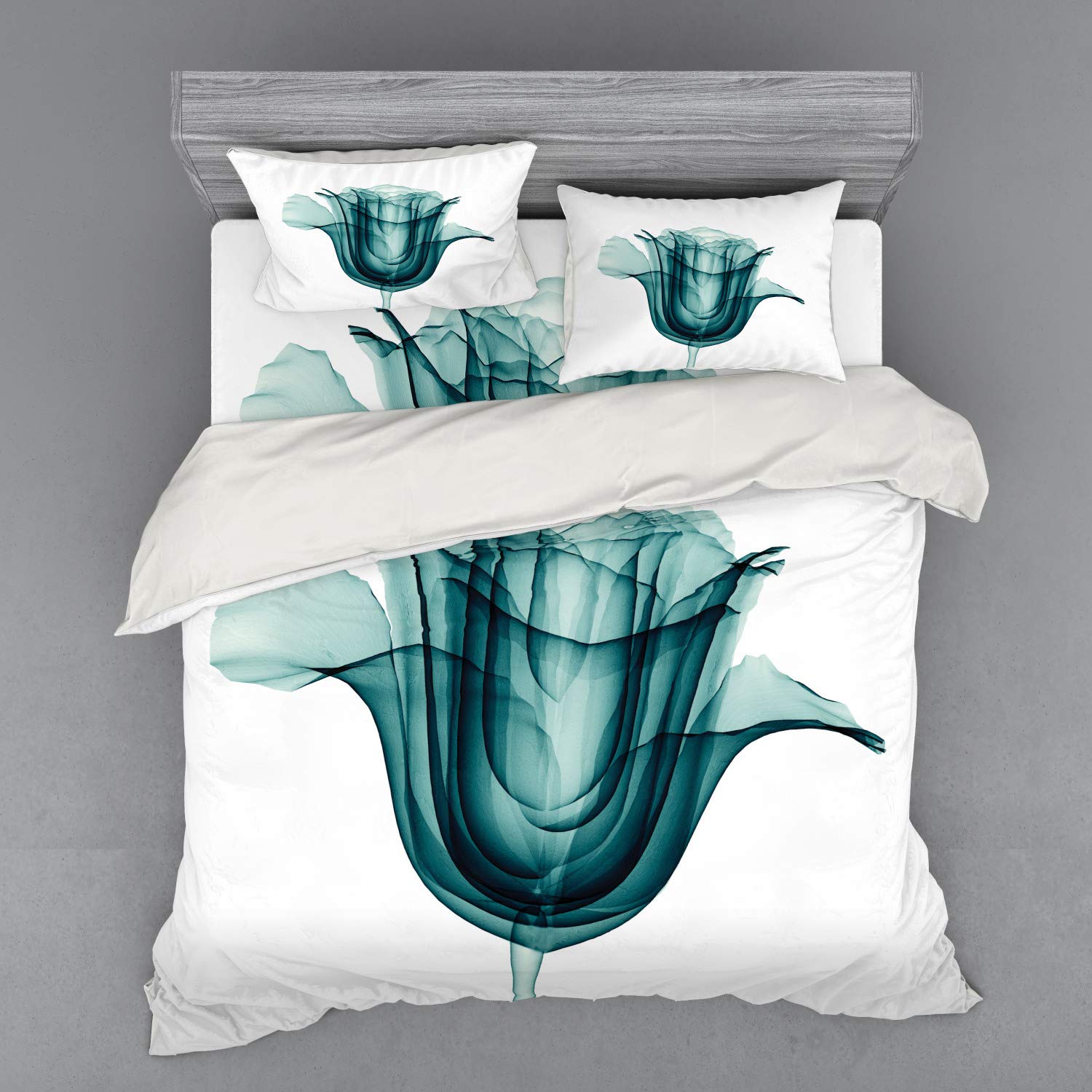 Ambesonne Floral Duvet Cover Set - King Size 4-Piece Bedding with Rose X-Ray Print, Teal & White - Romantic Nature-Themed Bedroom Decor for Master Bedroom or Guest Room