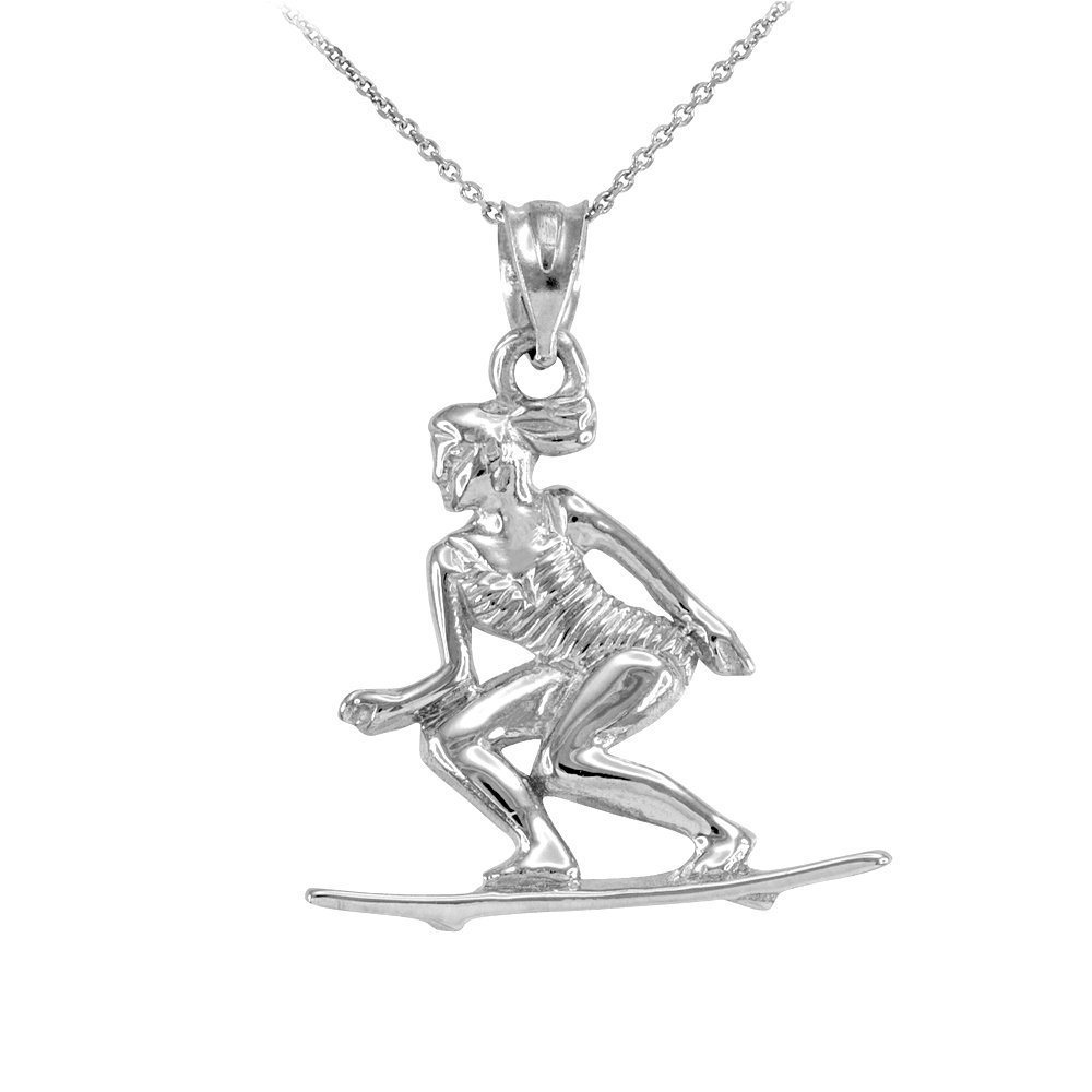 10k White Gold Women's Surfer Pendant Necklace - Perfect for Beach, Surfing & Outdoor Sports Jewelry Gifts