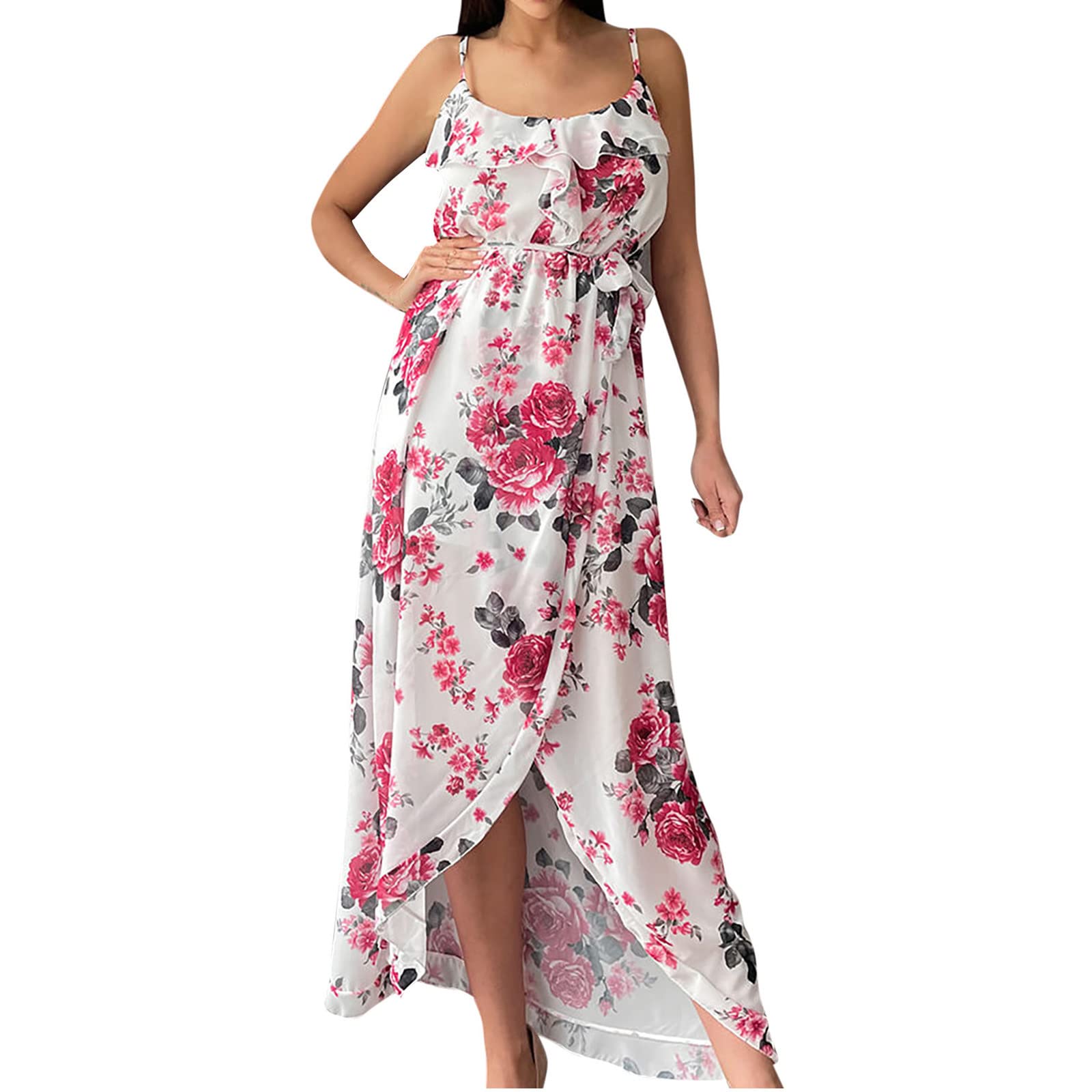 Sexy Floral Print Slip Dress for Women - Sleeveless V-Neck Lace Trim Slim Fit Midi Dress with Belt & High Slit | Perfect for Date Night, Cocktail Parties & Summer Outings