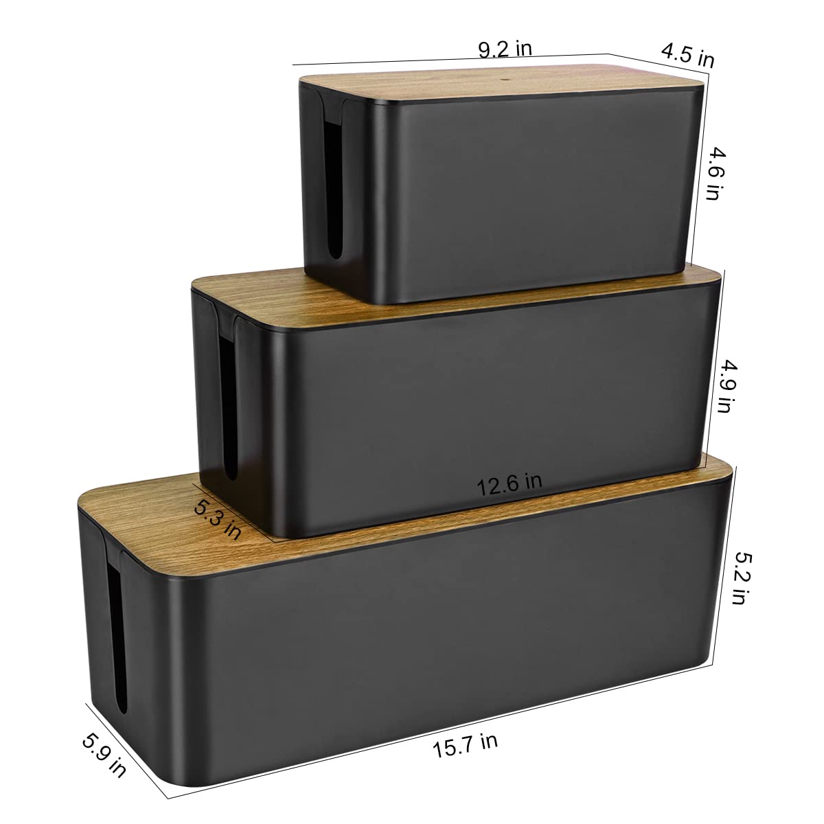 3 Pack Wooden Grain Cable Management Box Set with 18 PCS Organizers - Large, Medium & Small Cord Hider Box for Wires & Power Strips | TV & Home Office Cable Organizer | Perfect for Living Room, Bedroom & Workspace (Black)