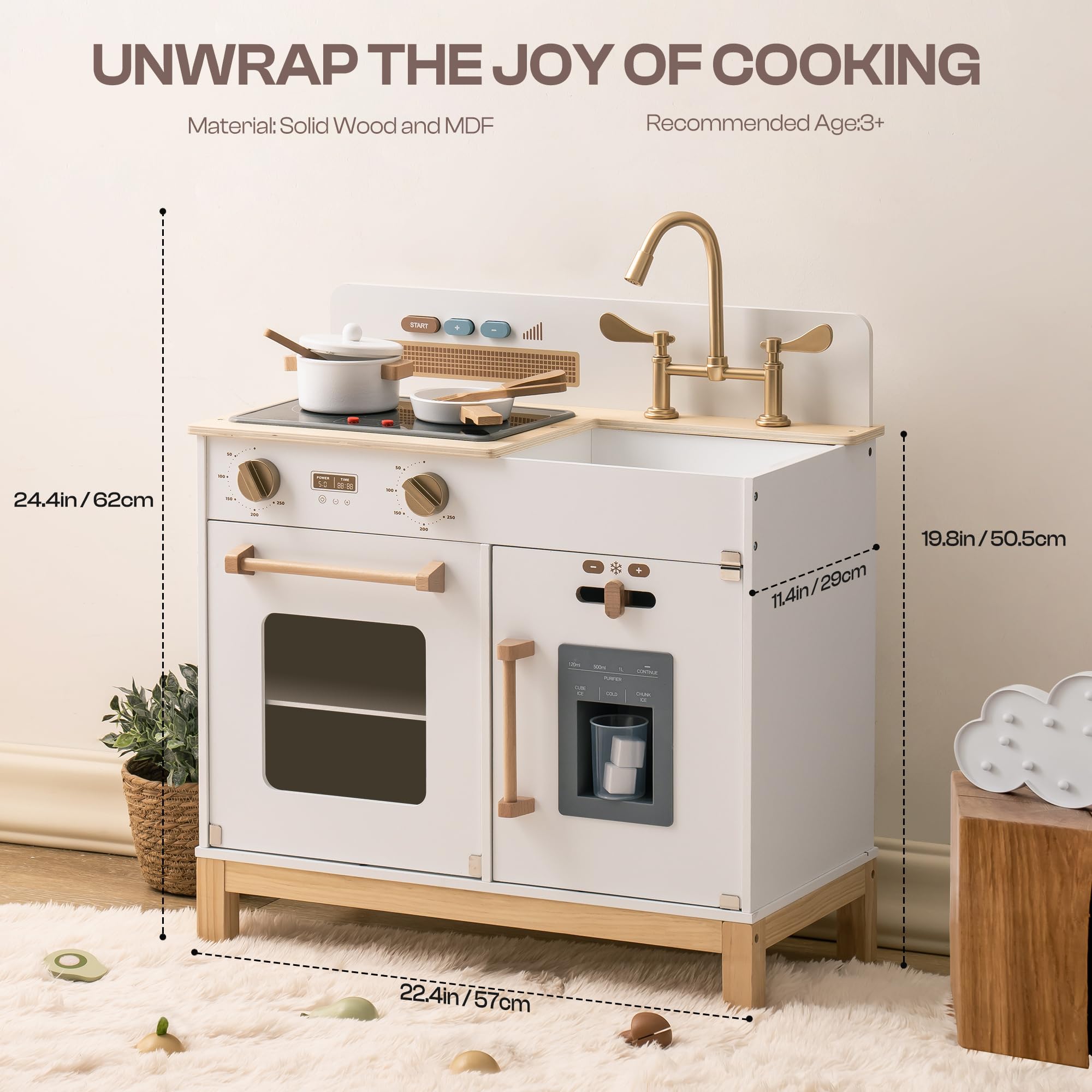 ROBOTIME Wooden Play Kitchen for Toddlers - Pretend Play Toy Kitchen with Real Lights, Sounds & Ice Cube Dispenser - Educational Gift for Kids Ages 3+ (White) | Perfect for Pretend Cooking, Role Play & Early Learning at Home or Preschool