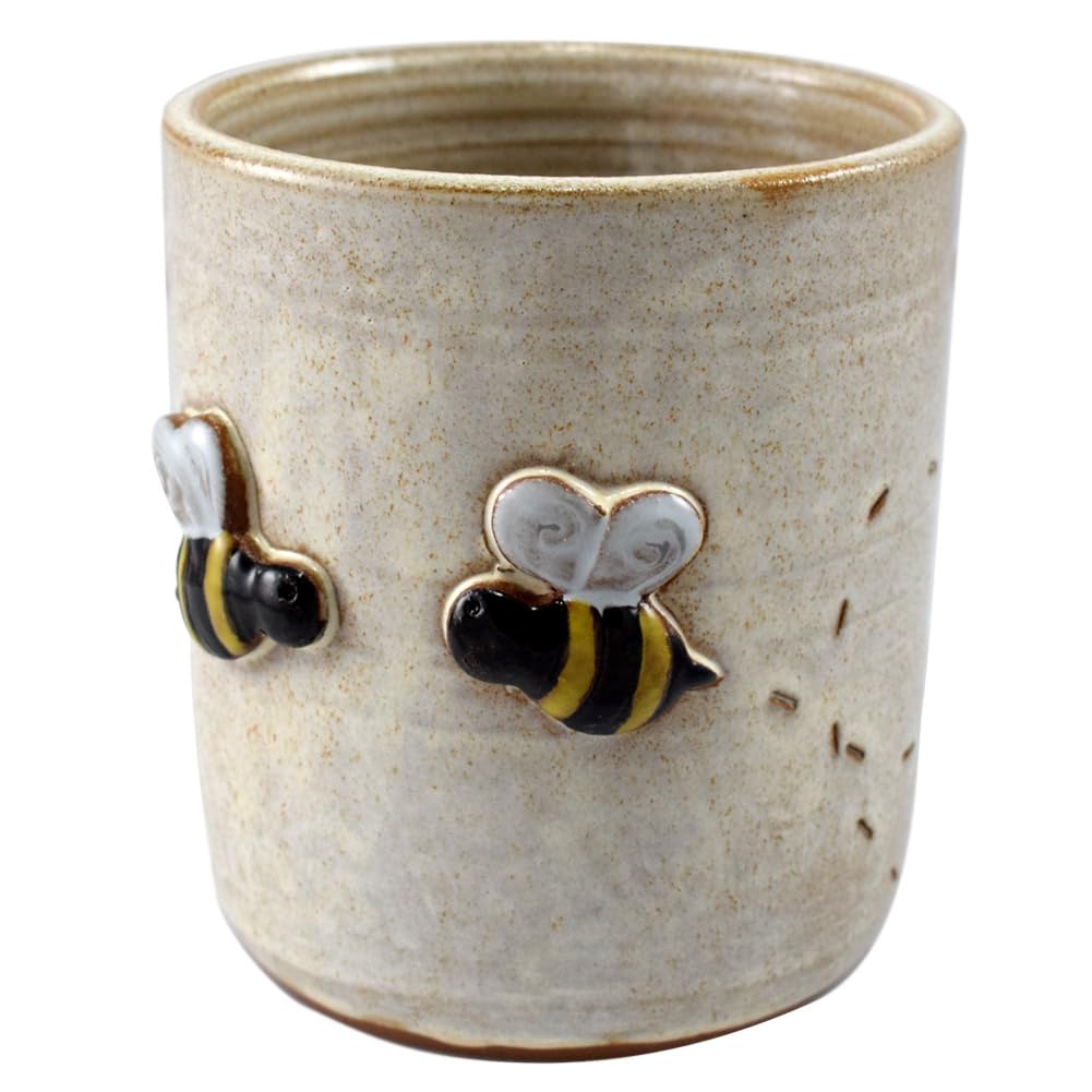 Handmade American Stoneware Utensil Holder with Busy Bee Design - Farmhouse Kitchen Countertop Organizer for Spoons, Forks & Cooking Tools