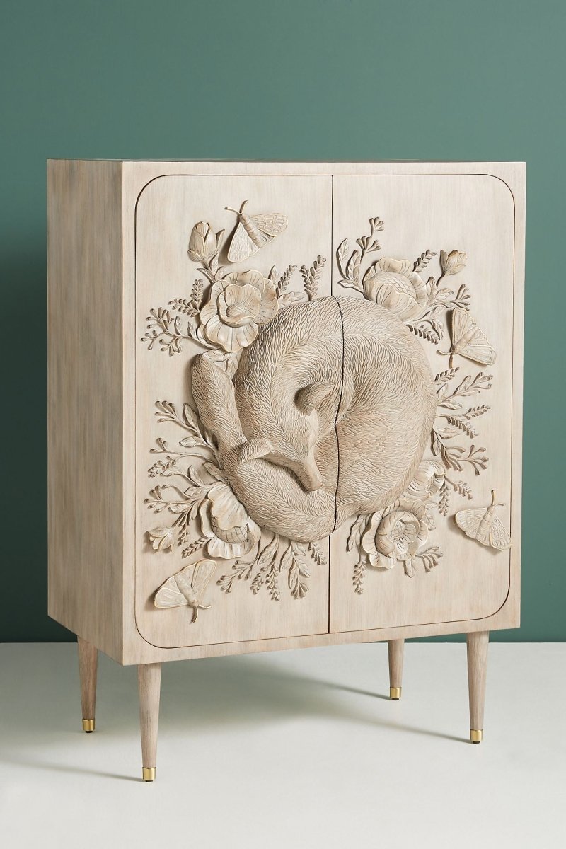 Hand Carved Wooden Bar Cabinet with Fox Design - Taupe Finish | Rustic Home Bar Furniture for Living Room, Dining Room & Man Cave Decor