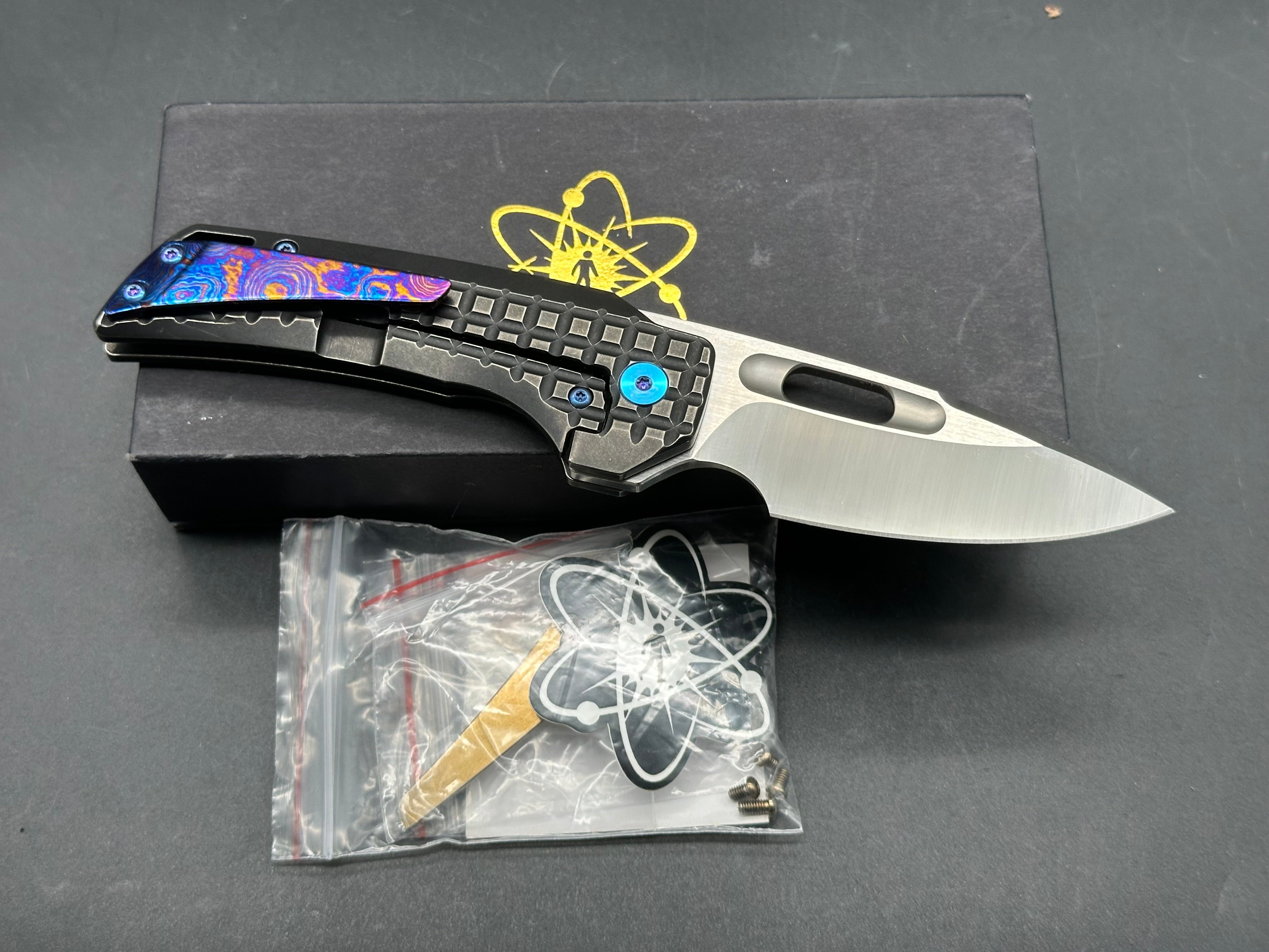 EMP EDC Nymble Folding Knife - Grey Milled Titanium Handle with Blue Hardware & Mokuti Clip | Compact Everyday Carry for Outdoor, Camping, and Tactical Use