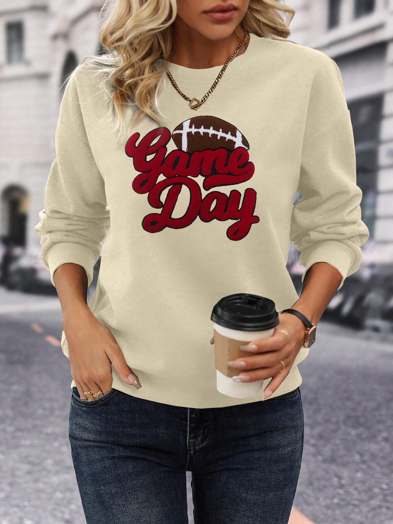 Women's Football Game Day Sweatshirt - Chenille Patch Graphic Long Sleeve Top for Casual Wear, Tailgating & Sports Events