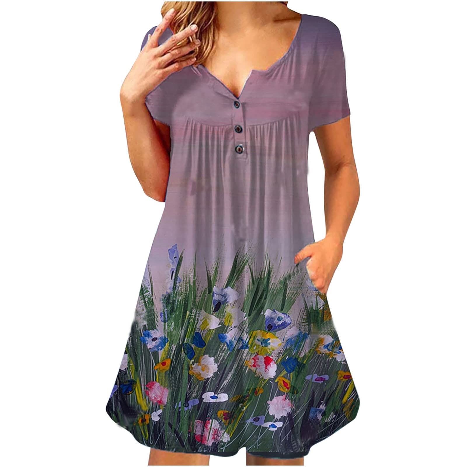 Gothic Women's Summer Dress - Short Sleeve V-Neck Knee-Length Casual Mini Dress with Button Pockets | Perfect for Beach Vacation, Party, and Everyday Wear | Goodtrade Activewear 2357