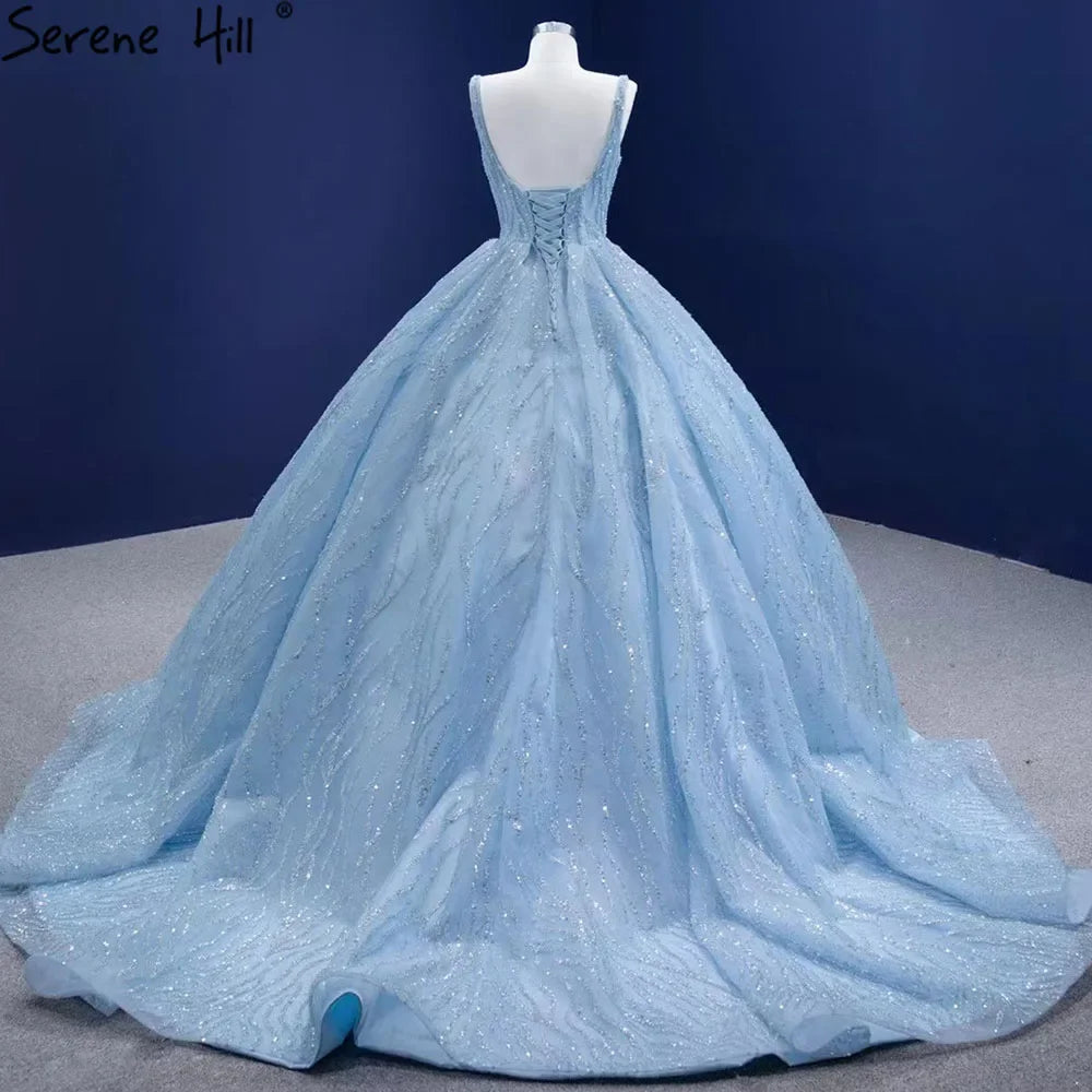 Serene Hill Blue Luxury Beaded Sleeveless Lace-Up Wedding Dress 2025 | Custom Made Bridal Gown HM67331 | Perfect for Beach, Church & Formal Weddings