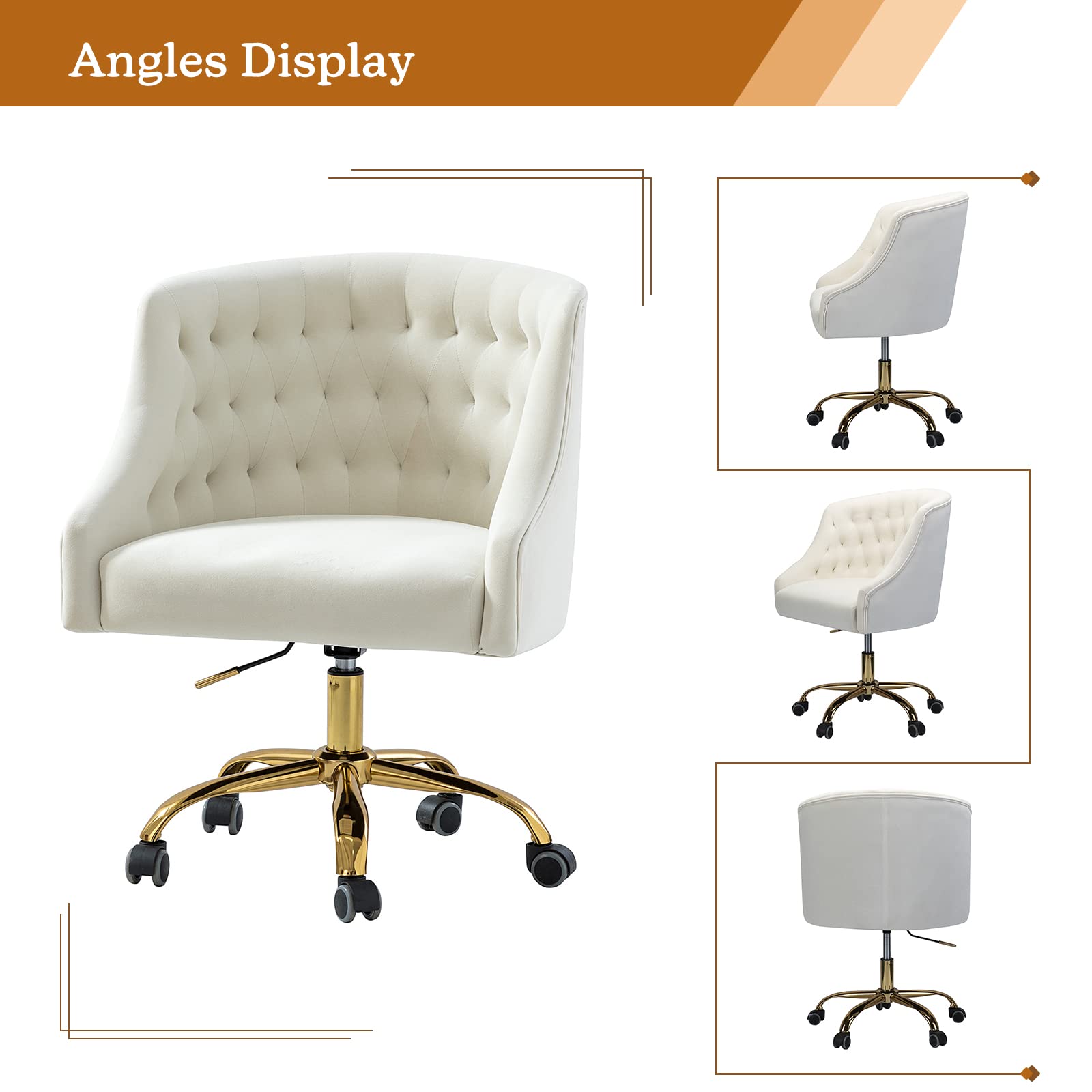 Velvet Home Office Chair with Gold Base - Modern Adjustable Swivel Task Chair for Living Room, Bedroom & Study - Comfortable Desk Chair for Work & Vanity - Ivory | Perfect for Remote Work, Gaming & Makeup Stations