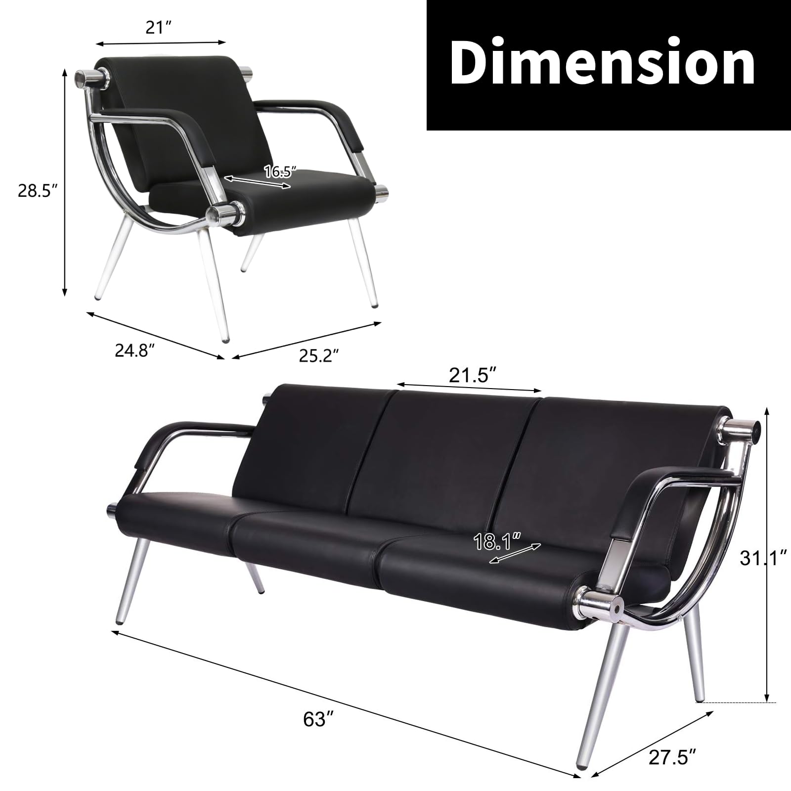 Kinsuite 5-Seat PU Leather Waiting Room Chairs with Arms - Comfortable Reception Benches for Airport, Clinic, Office, School & Salon | Durable Guest Seating Solution for High-Traffic Areas
