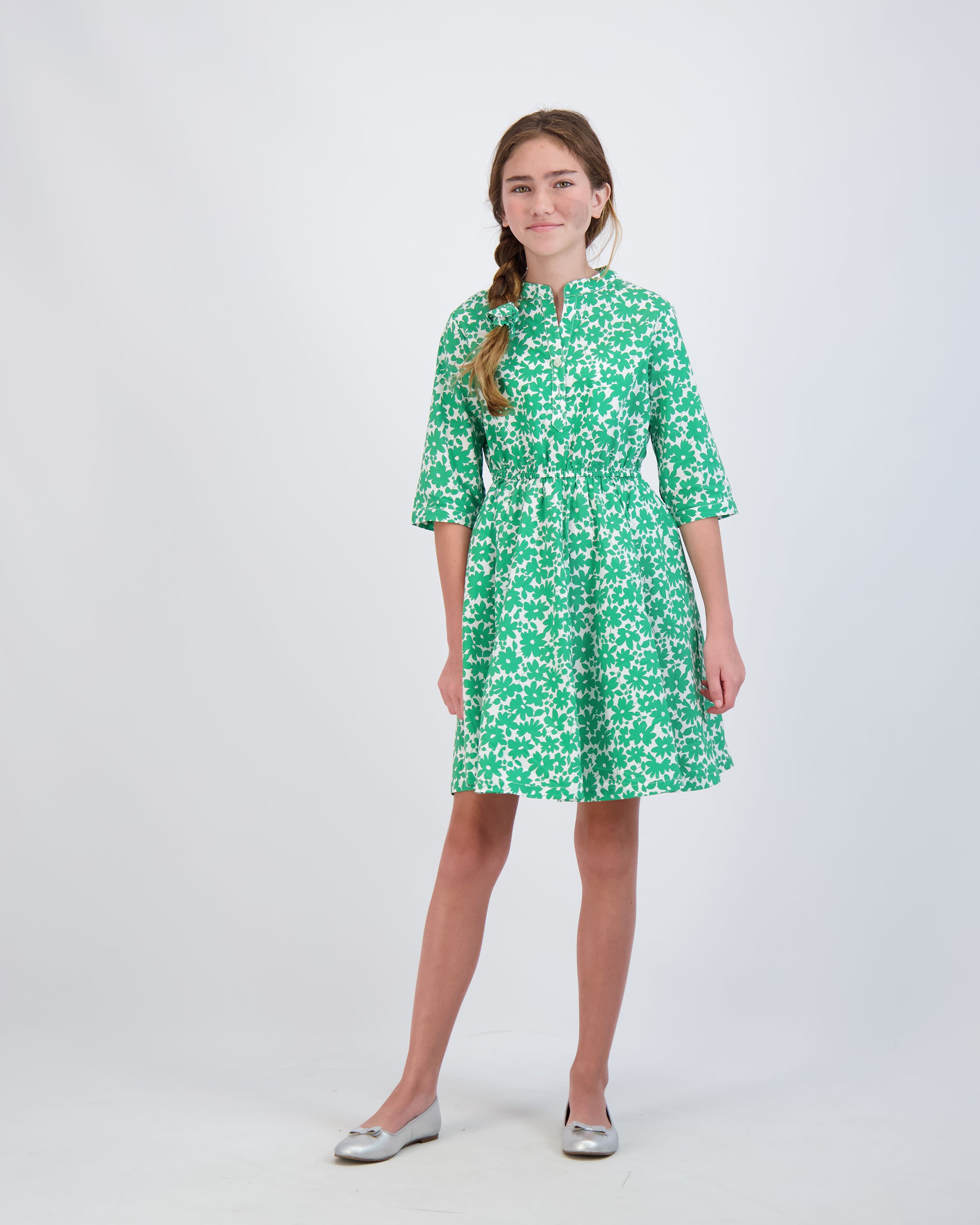Gabriela Circle Skirt Dress - Green Poppy Floral Print Women's Midi Dress for Summer, Beach, and Casual Outings