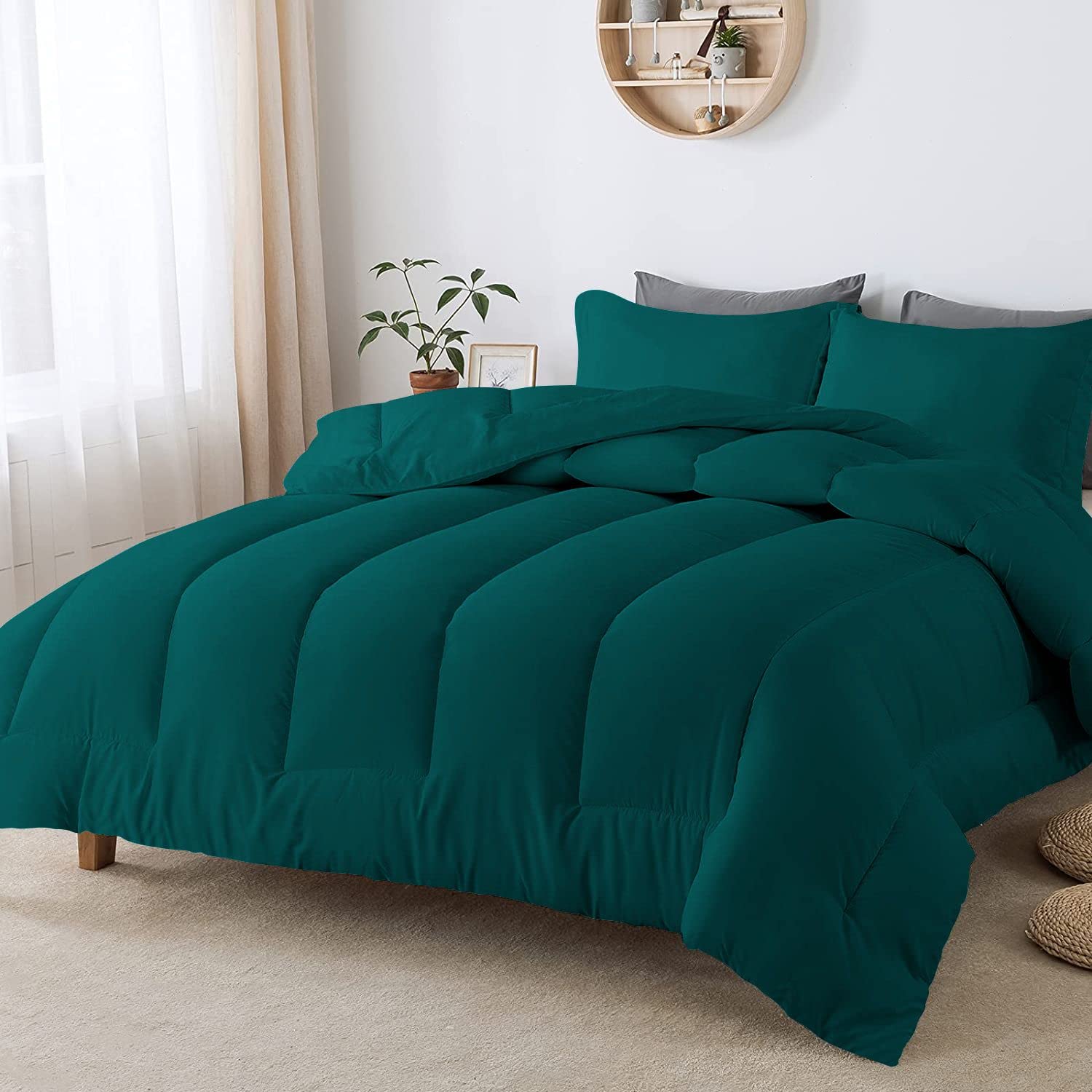 5-Piece Straight Line Pattern Comforter Set - 450 GSM All-Season 1000 Thread Count 100% Egyptian Cotton - Full/Queen Size Teal Blue - Luxury Bedding for Master Bedroom, Guest Room & Dorm