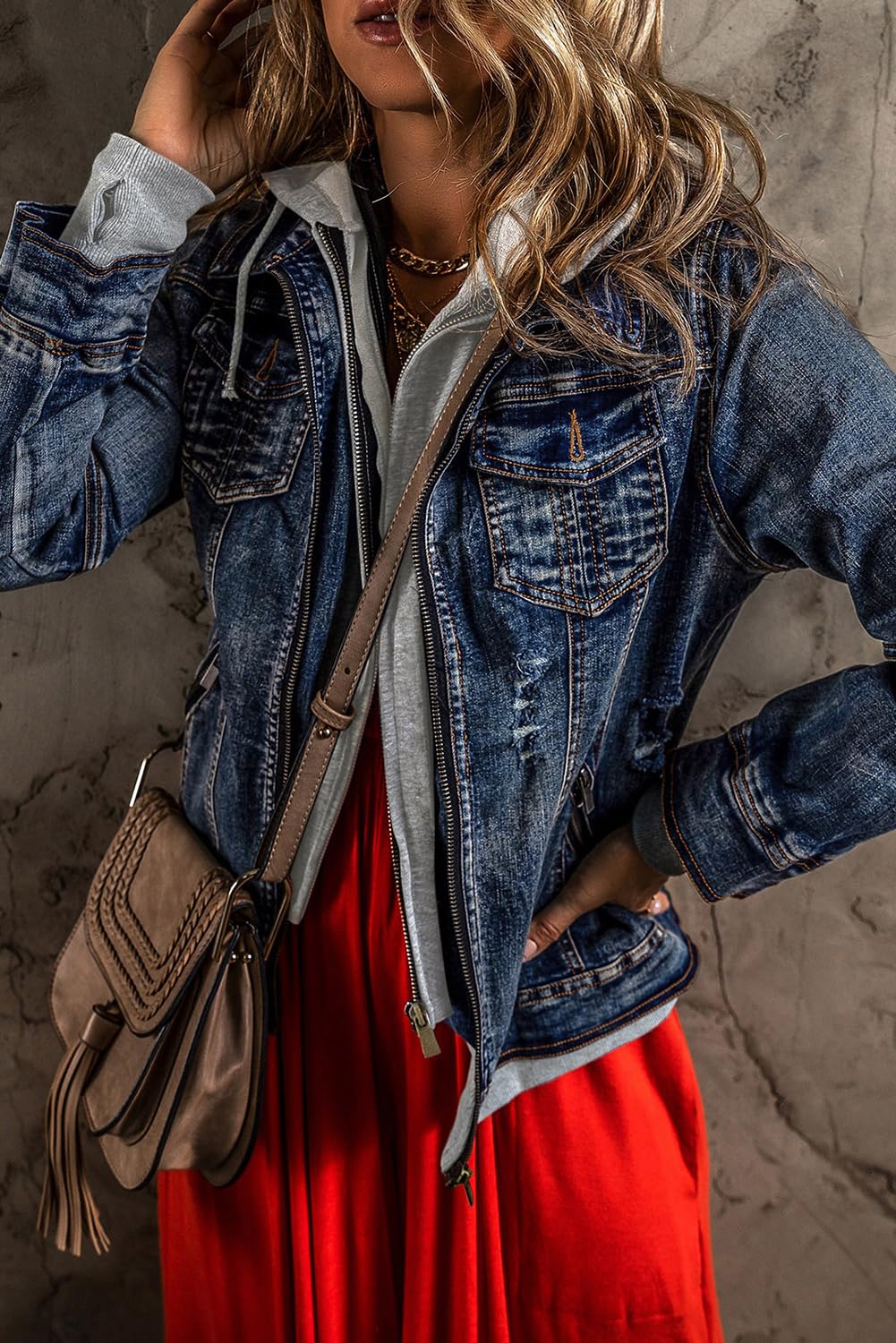 LEMAFER Women's Fake Two Piece Hooded Zip Up Denim Jacket - Long Sleeve Casual Shacket Coat for Fall & Winter Fashion | Perfect for Streetwear, Layering & Outdoor Activities