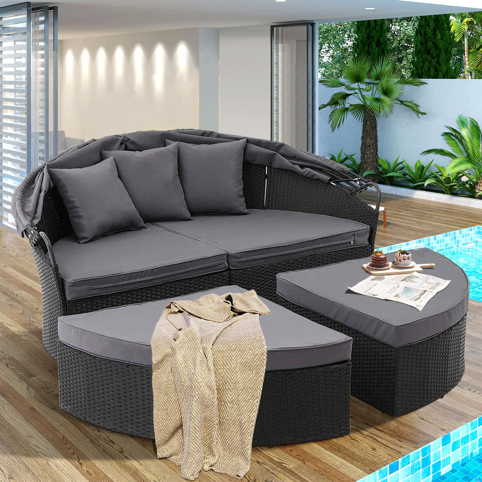 Outdoor Patio Furniture Set - 4-Piece Round Canopy Daybed with Cushioned Seats, Black Wicker Sofa for Poolside, Garden & Backyard Relaxation | Grey Weather-Resistant Design