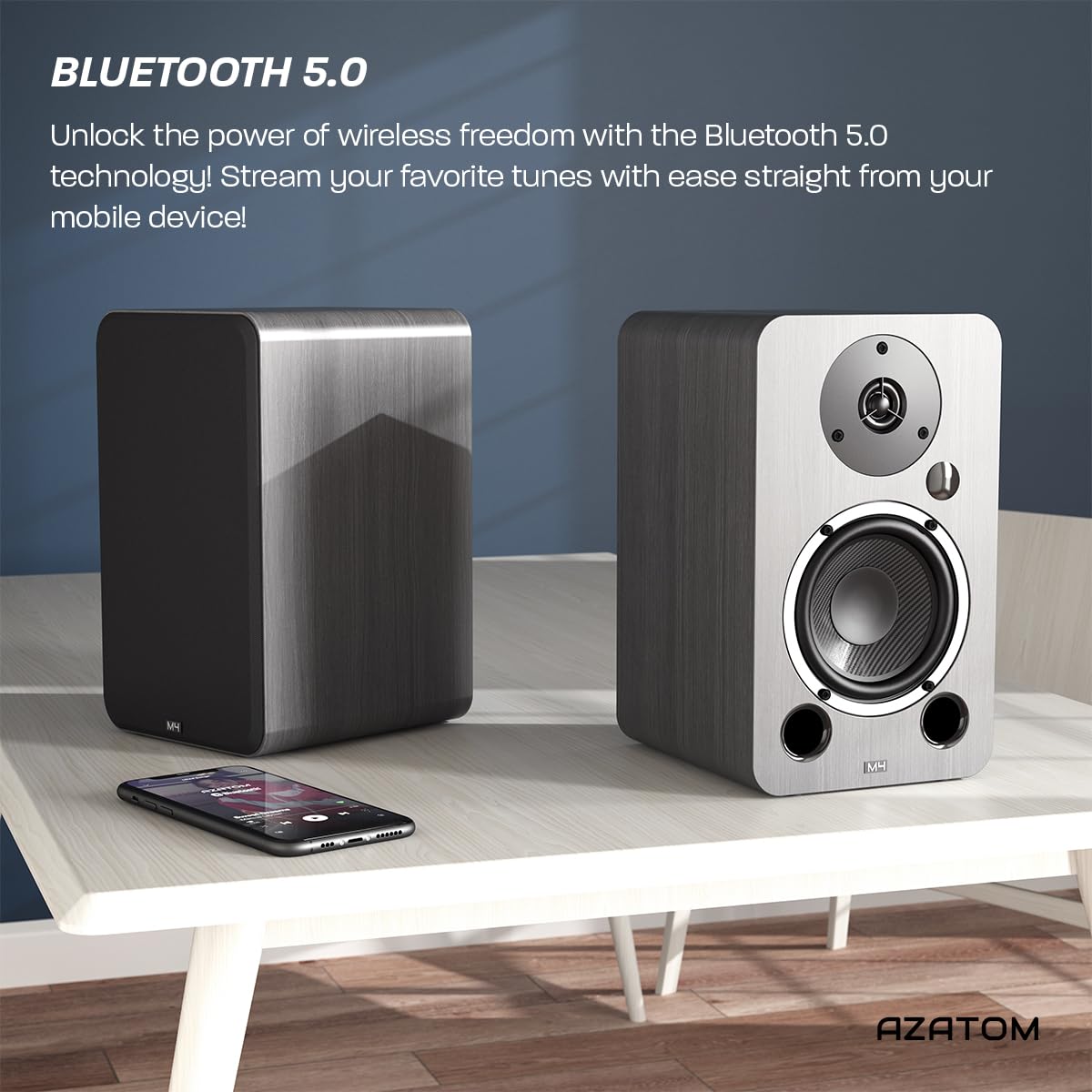 AZATOM Equinox 2 M4 Powered Bookshelf Speakers - 2.0 Active Bluetooth/Wired HiFi Audio System with 80W Output, Wooden Enclosure (Grey) - Perfect for Home Theater, Gaming, Vinyl Records, Music Streaming, PC & Laptop Sound Enhancement