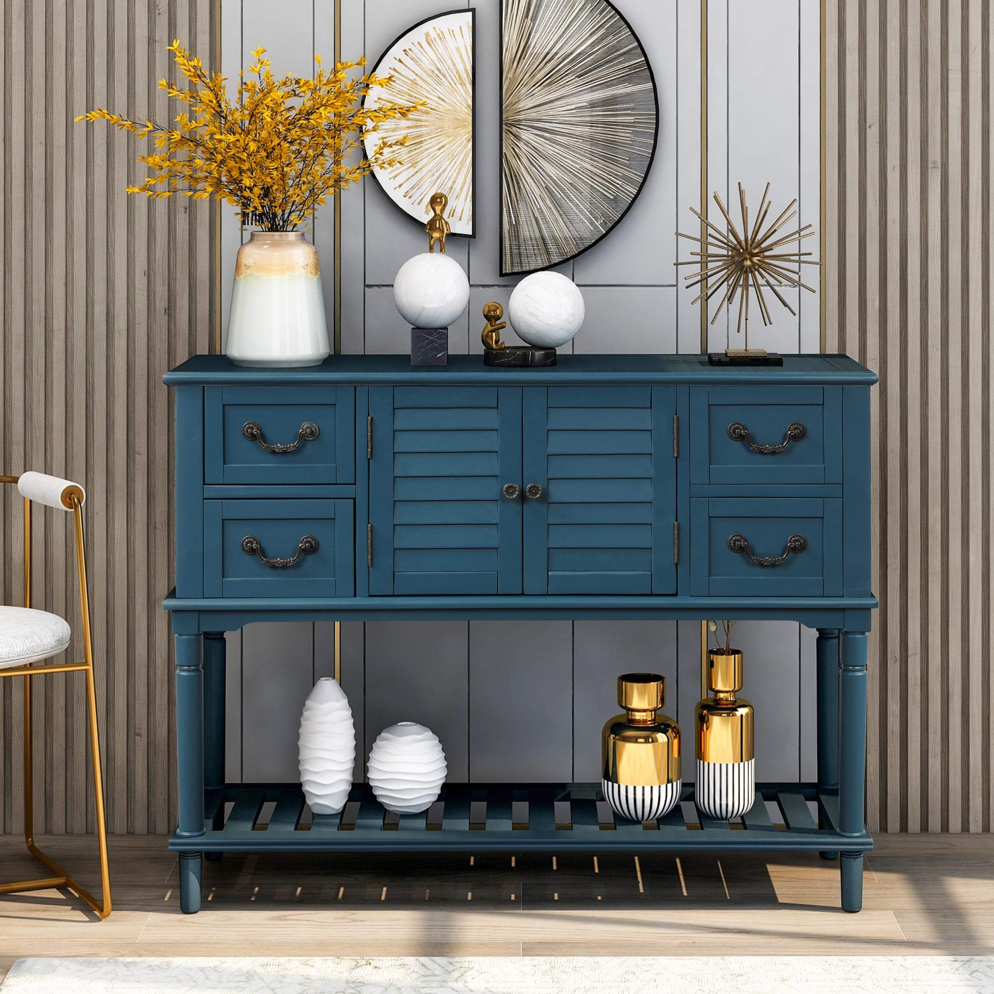 Modern Console Table with Shutter Doors & 4 Drawers - Entryway Sofa Table, Hallway Storage Cabinet - Perfect for Living Room, Bedroom, or Office Organization