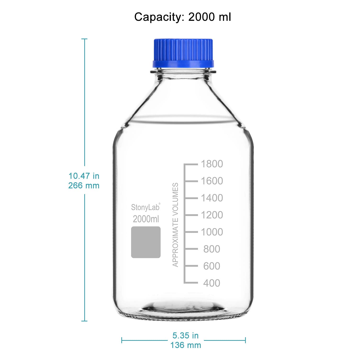 Stonylab 2000ml Glass Graduated Round Media Storage Bottles with GL45 Screw Cap - 1 Pack - Ideal for Lab, Chemical Storage & DIY Projects