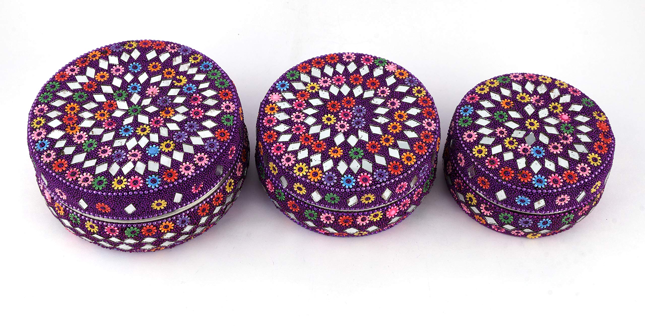 Handmade Beaded Stainless Steel Lunch Box Set - 3 Pack Round Purple Decorative Food Container for Office, School & Picnic | Eco-Friendly Dry Fruit Storage & Gift Idea