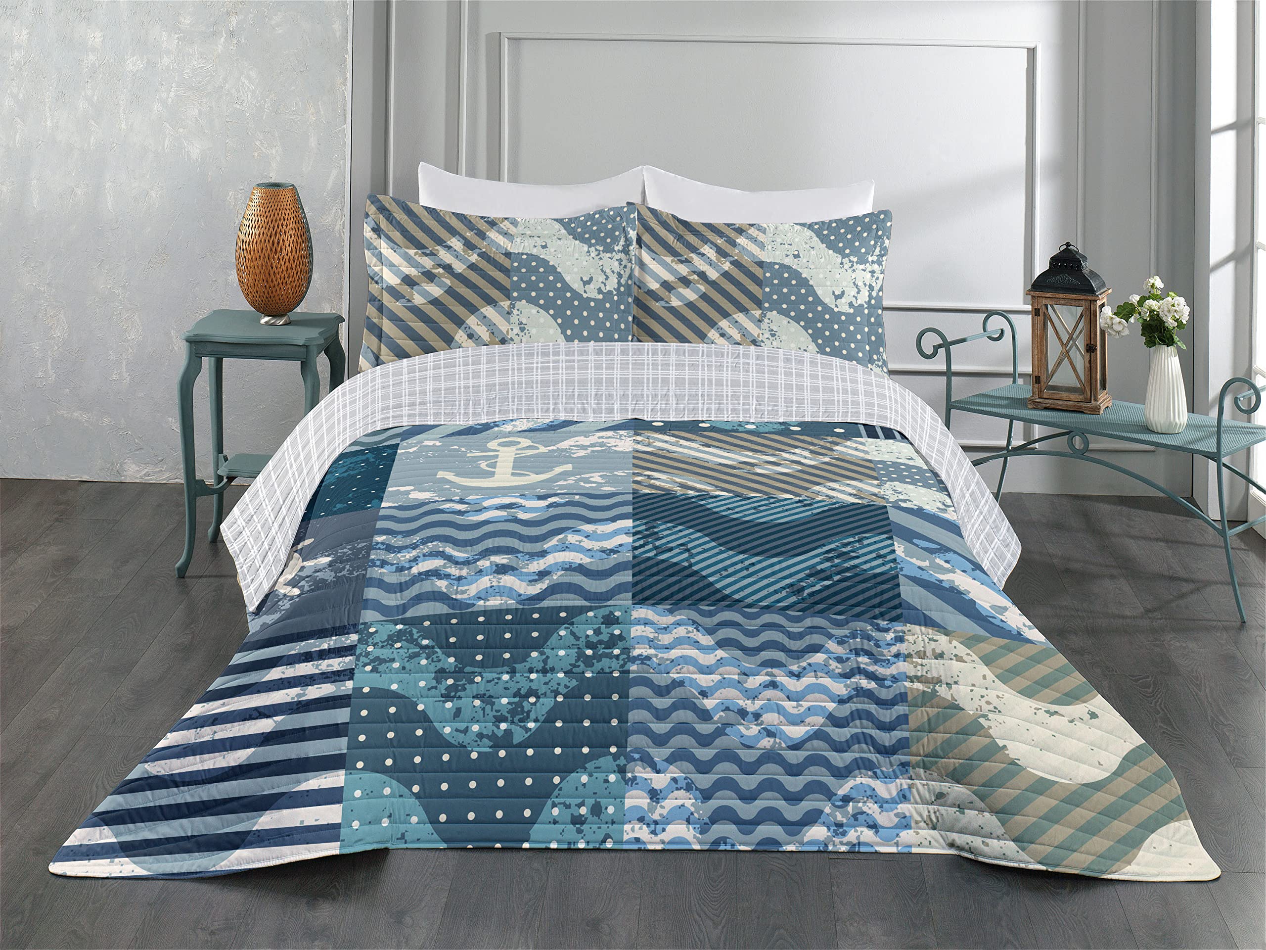 Ambesonne Nautical Reversible Queen Size Bedspread Set - Marine Theme Wave Pattern Patchwork with Striped Anchor Print | Microfiber Comforter & Pillow Shams | Blue Beige Coastal Bedding for Beach House Decor