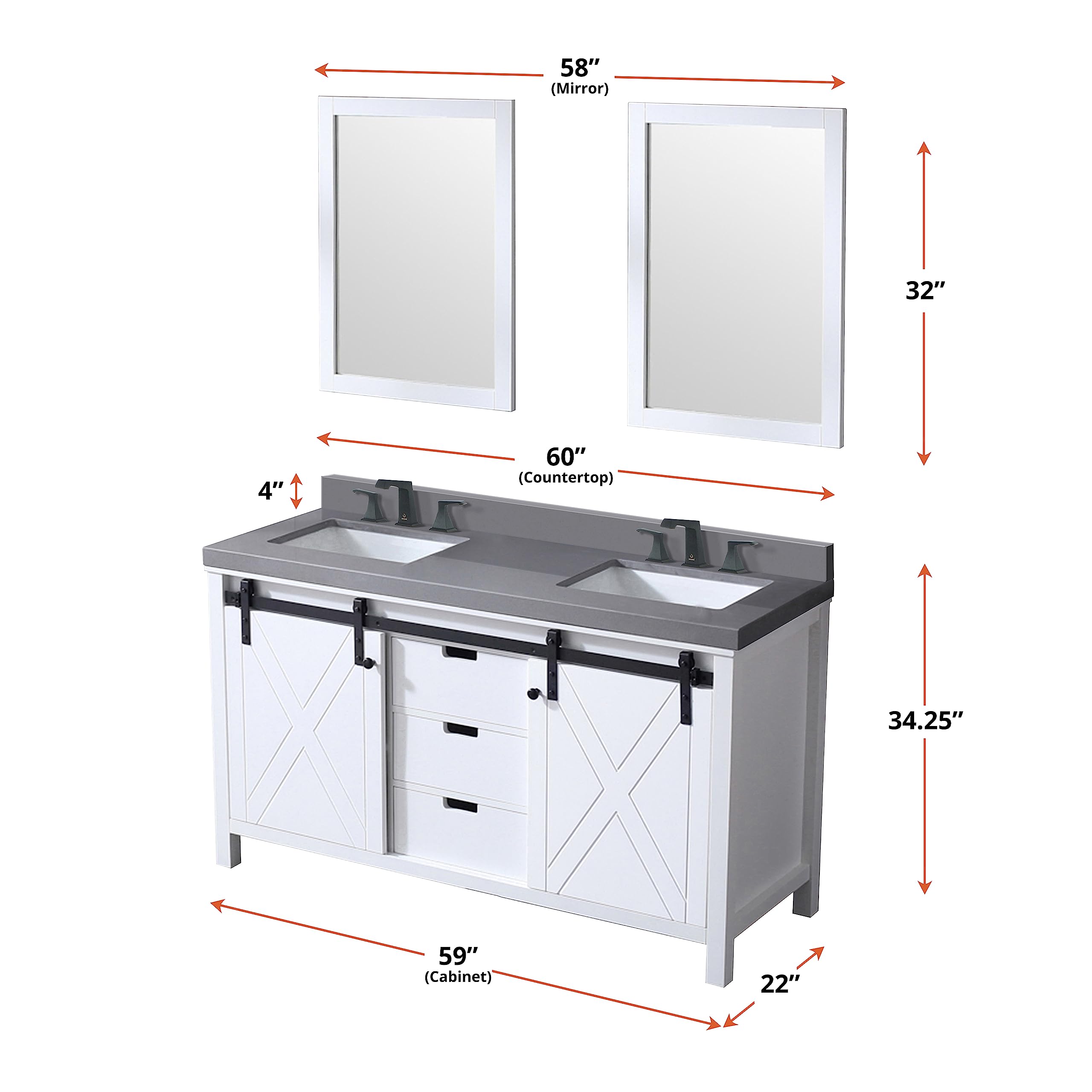 Ketchum 60-Inch White Double Bathroom Vanity with Grey Quartz Countertop & 24-Inch Mirrors - Modern Bathroom Furniture for Master Bath or Guest Bath Renovation