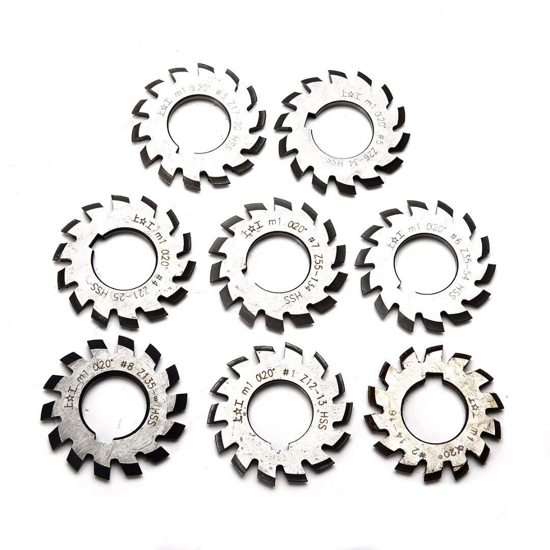 8-Piece HSS Involute Gear Cutters Set - M1 Module PA20 20° Pressure Angle (No.1-8) for Precision Gear Cutting - Perfect for DIY, Machinery Repair & Metalworking Projects