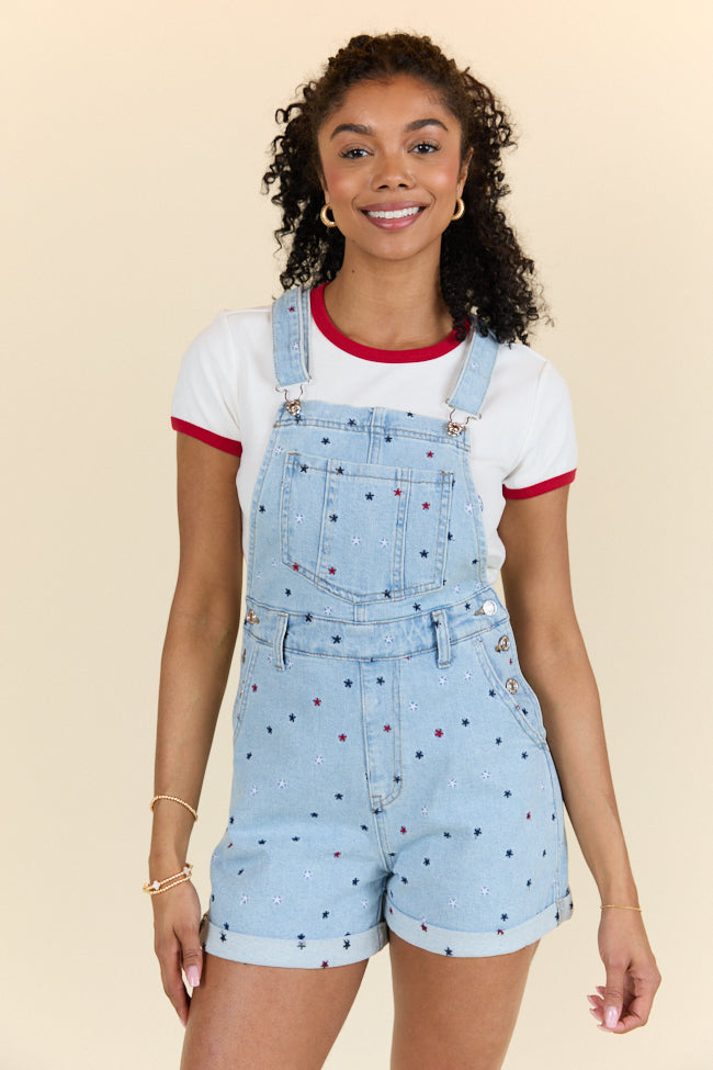 Common Ground Relaxed Fit Star Embroidered Cuffed Overalls - Women's Denim Jumpsuit for Casual Wear, Outdoor Activities & Vintage Style Fashion