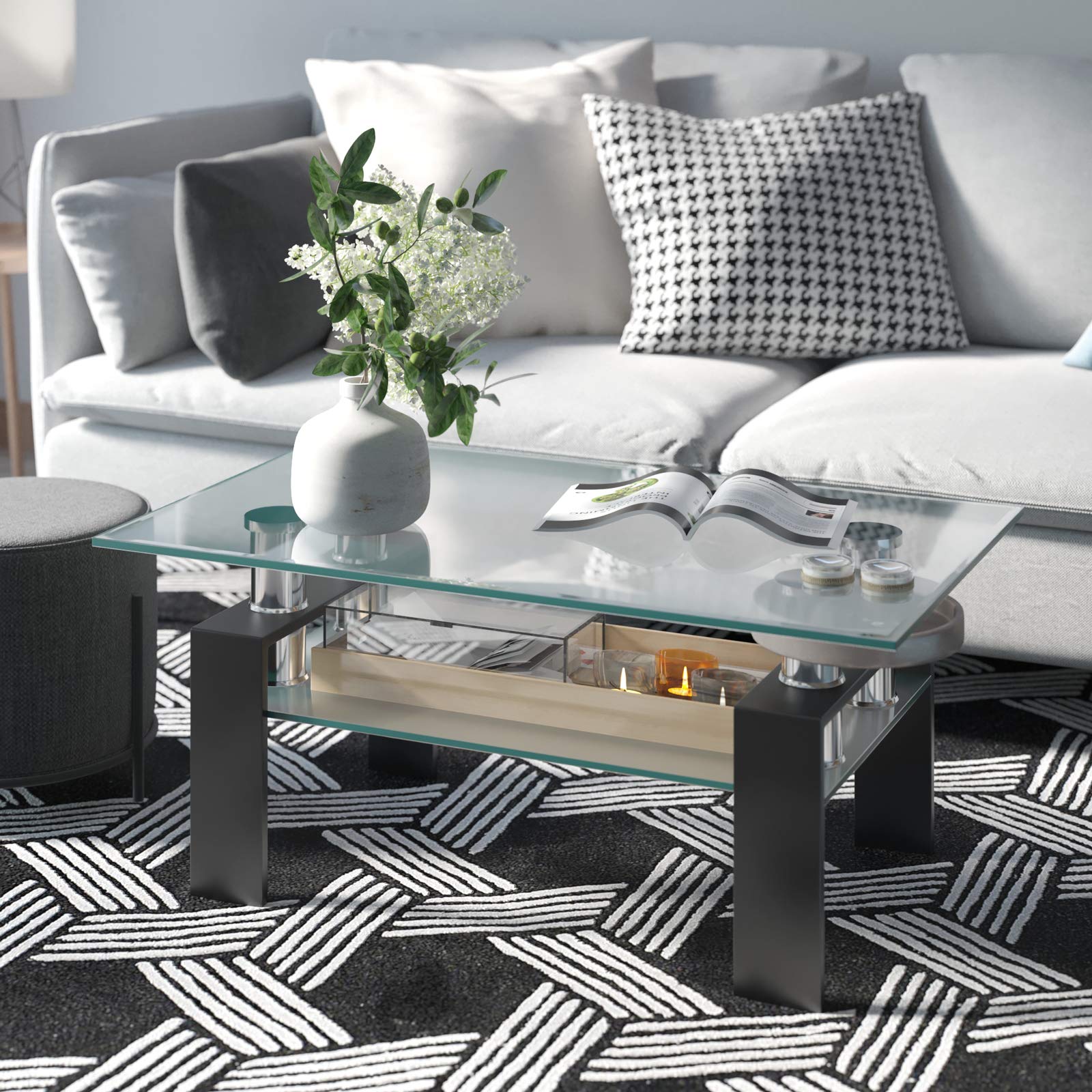 Tangkula Modern Rectangular Glass Coffee Table with Lower Shelf - Tempered Glass Top & Sturdy Metal Legs - Perfect for Living Room, Office, or Lounge (Black) - Ideal for Coffee, Books, and Decor Display