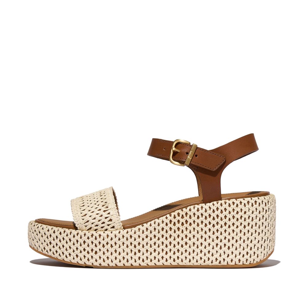 FitFlop Platfforms Woven Wedge Ankle Strap Sandals for Women - Comfortable Summer Walking Shoes in Deep Tan/Ivory - Perfect for Beach, Vacation & Casual Outfits