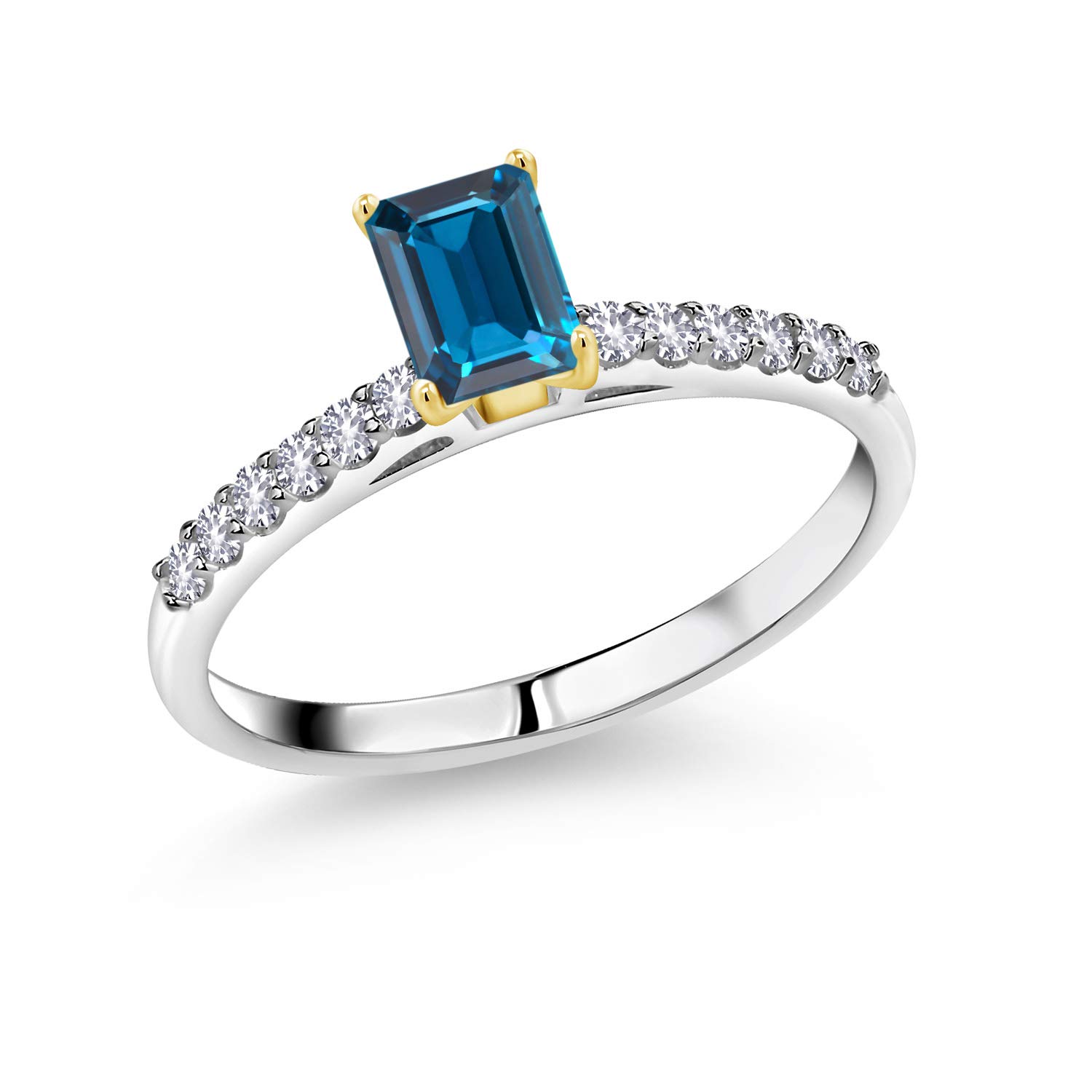 1.32 Ct London Blue Topaz & White Created Sapphire 925 Sterling Silver Ring with 10K Yellow Gold Prongs - Gem Stone King - Elegant Jewelry for Women, Perfect for Engagement, Anniversary & Special Occasions
