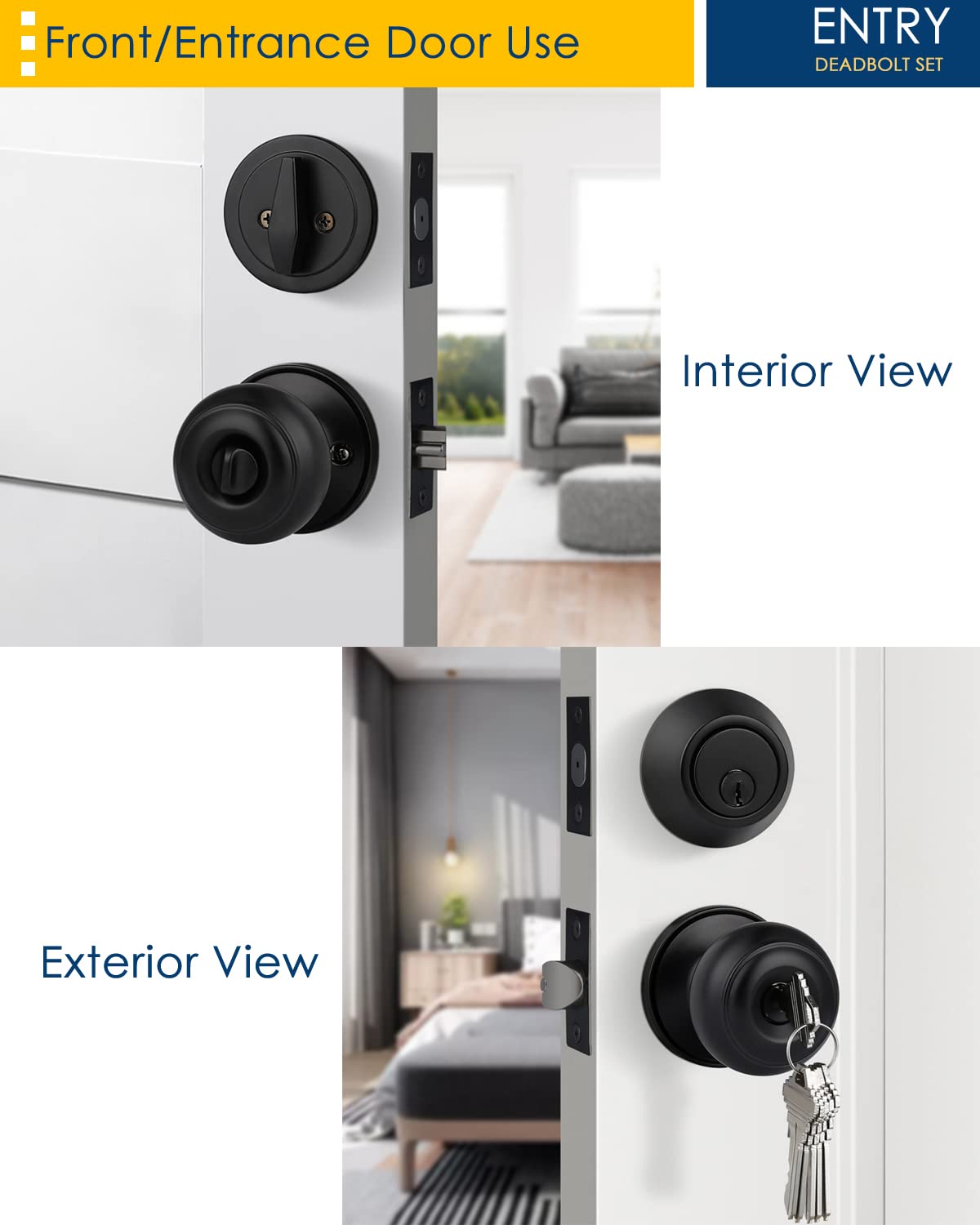 2 Pack Keyed Alike Door Knobs & Deadbolt Lock Set - Matte Black for Home Security