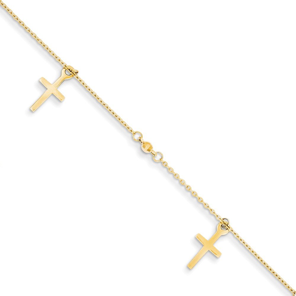 14K Yellow Gold Polished & Textured Cross Anklet with 1-Inch Extension - Elegant Religious Jewelry for Women | Perfect for Everyday Wear, Gifts & Special Occasions