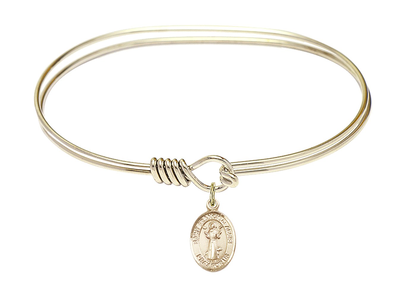 F A Dumont 7 Inch Oval Eye Hook Bangle Bracelet with St. Francis of Assisi Charm - Elegant Religious Jewelry for Women, Gift for Baptism, First Communion & Spiritual Occasions