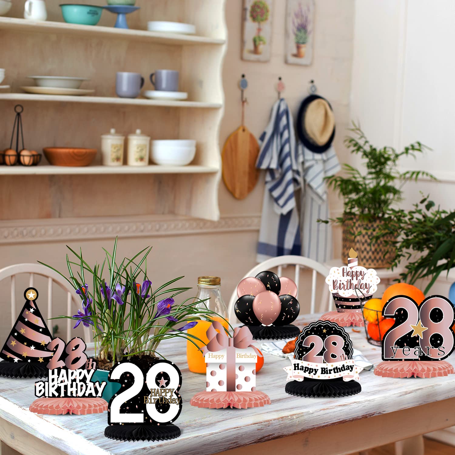Rose Gold Honeycomb Balloon Centerpiece for 28th Birthday Party Decor - Cheers to 28 Years Table Decoration Gift Sign - Perfect for Milestone Celebrations, Anniversary Parties & Special Occasions