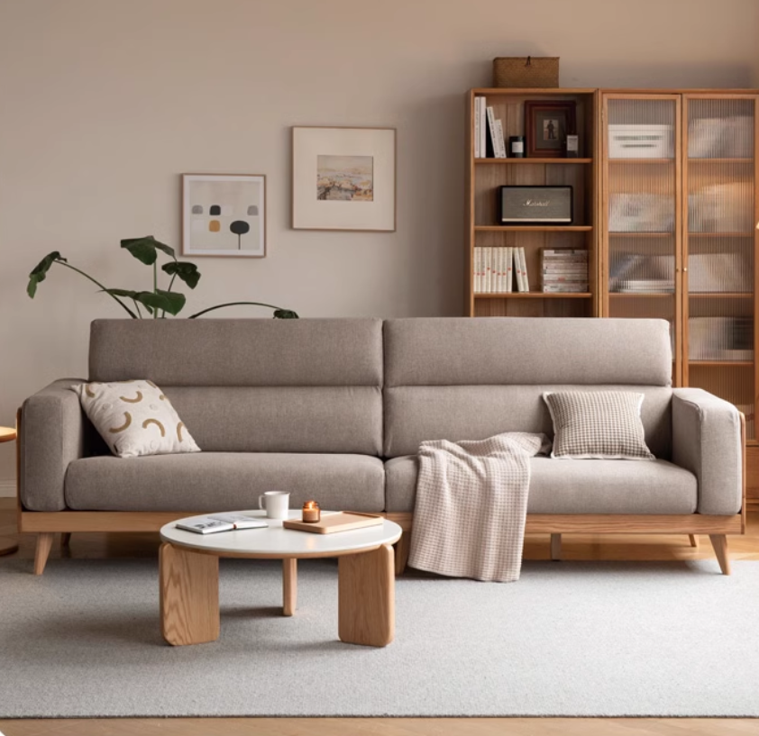 Modern Oak Solid Wood Upholstered Fabric Sofa - Stylish & Durable Living Room Furniture for Home, Office, or Lounge