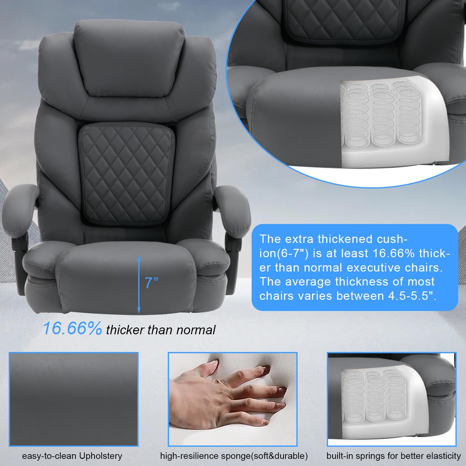 450lbs Heavy Duty Big & Tall Office Chair with Footrest - Ergonomic Reclining Leather Executive Desk Chair, Wide Seat for Back Support - Plus Size Managerial Chair in Gray - Perfect for Home Office, Gaming & Conference Rooms