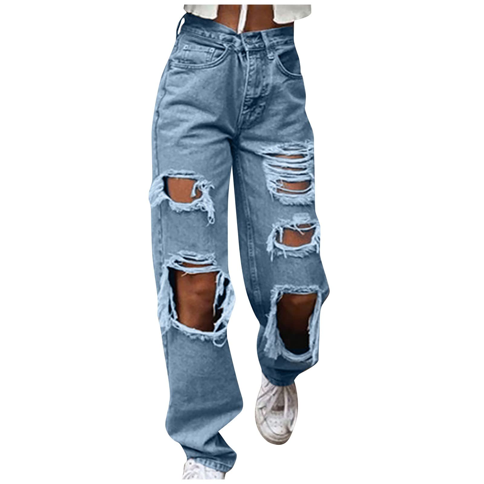 UOFOCO Women's Stretch Ripped Low Rise Baggy Jeans - Y2K Fashion Denim Pants with Cutout & Wide Leg Design | Streetwear, Casual Wear, and Party Outfits