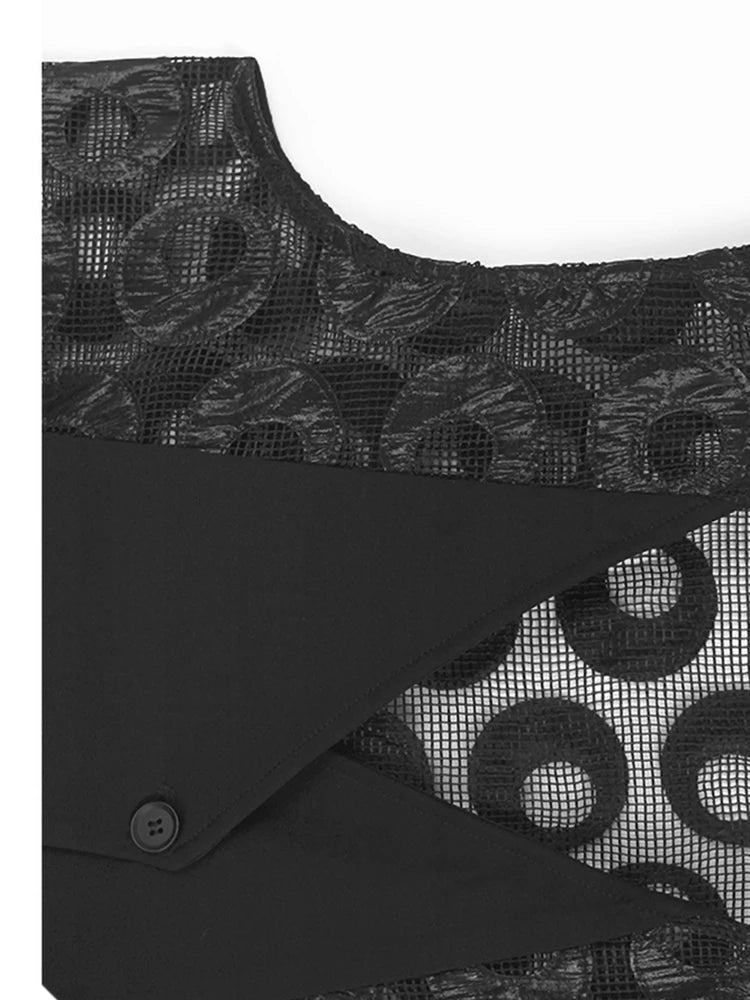 Black Dot Hollow Out Vest & Skirt Two-Piece Set - V Neck Sleeveless Women's Fashion Outfit for Spring/Autumn 2025 | Perfect for Office Wear, Date Nights & Special Occasions
