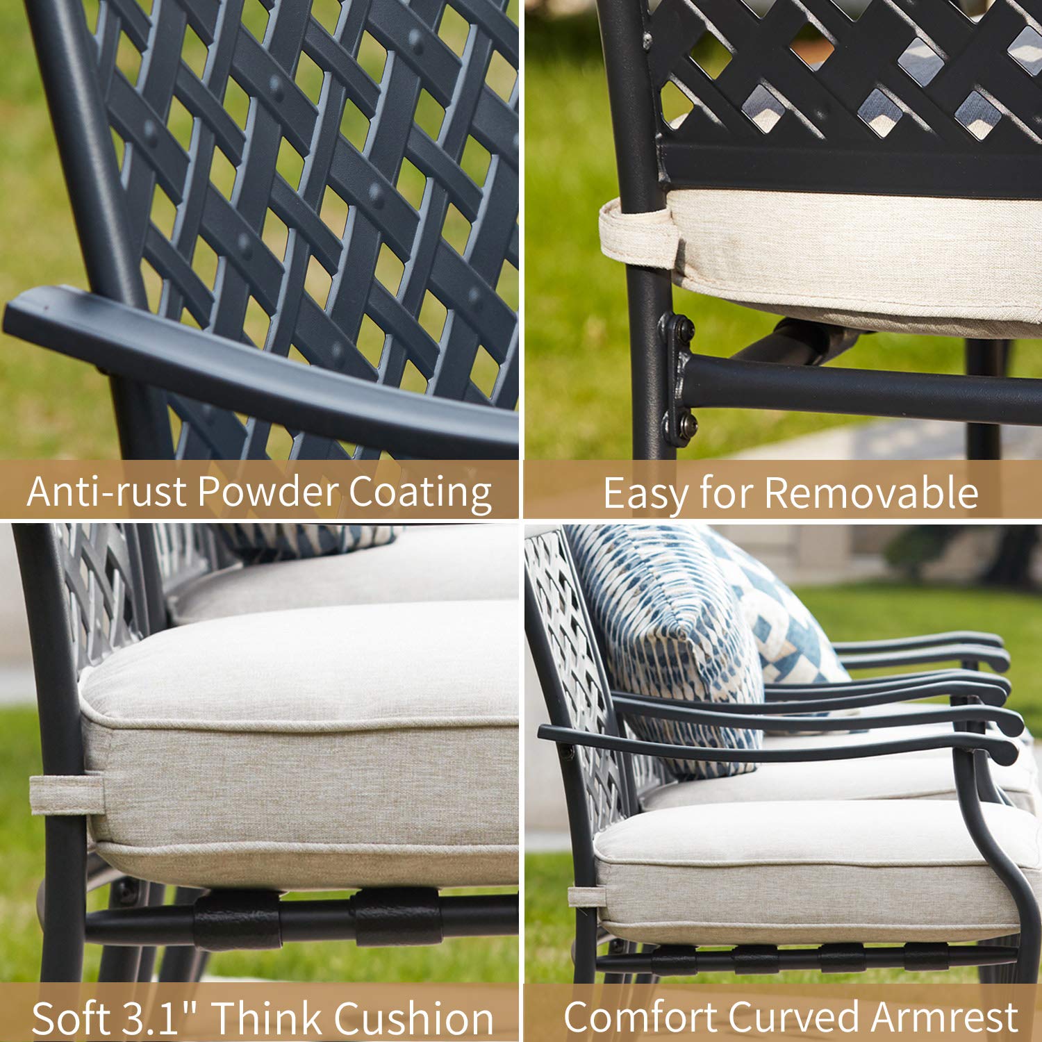 4-Piece Metal Outdoor Wrought Iron Patio Dining Chairs Set with Arms & Cushions (White) - Durable Garden Furniture for Backyard, Poolside & Restaurant Seating