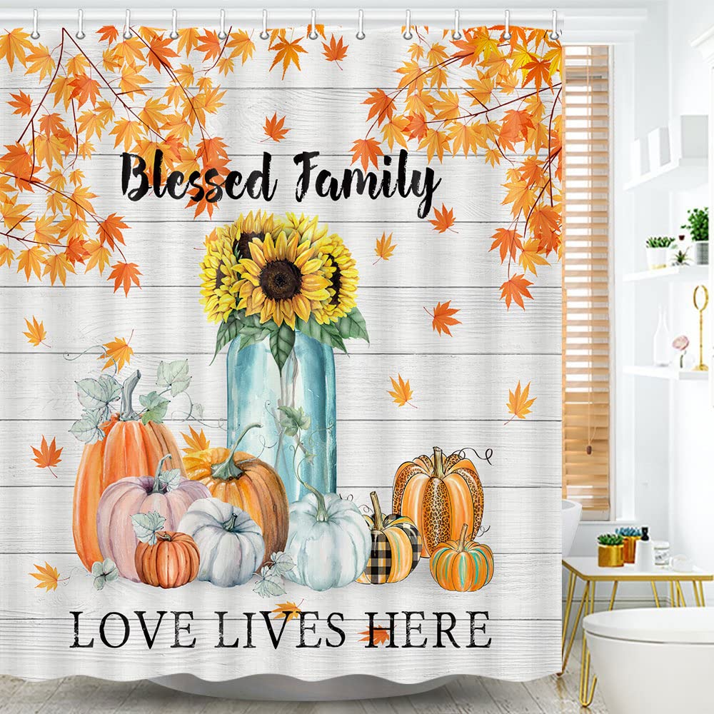 Farmhouse Floral Pumpkin Maple Shower Curtain Set - Rustic Autumn Fall Bathroom Decor with Wooden Board & Hooks (72x72 Inches) - Perfect for Thanksgiving, Farmhouse Style Bathrooms & Seasonal Home Decor
